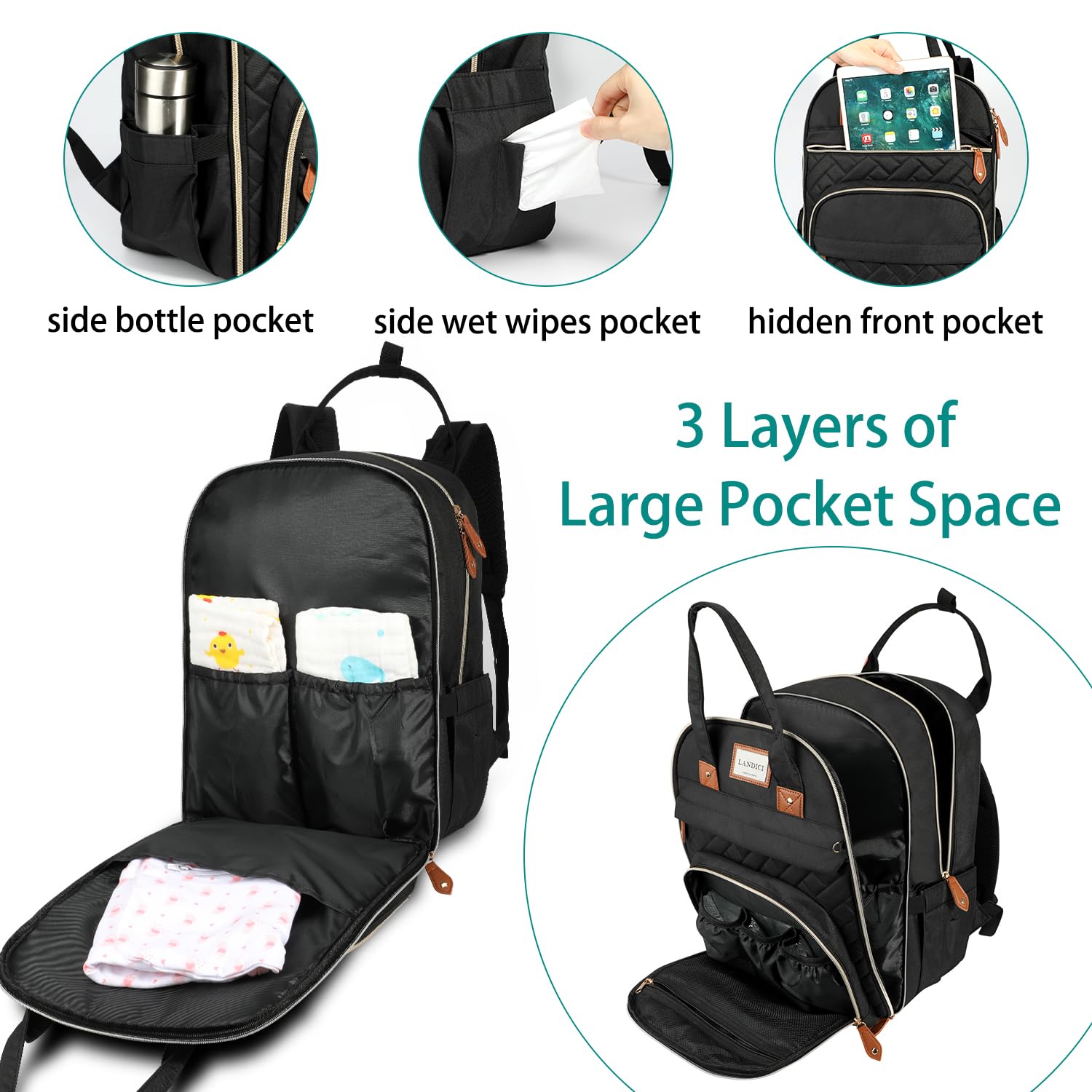 LANDICI bag features insulated bottle pockets for on-the-go feeds