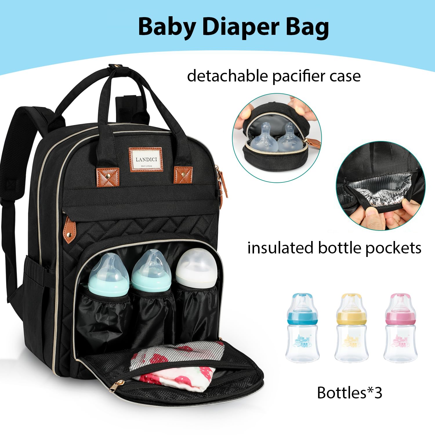 LANDICI backpack layout demonstrates large capacity for diapers, wipes, and clothes