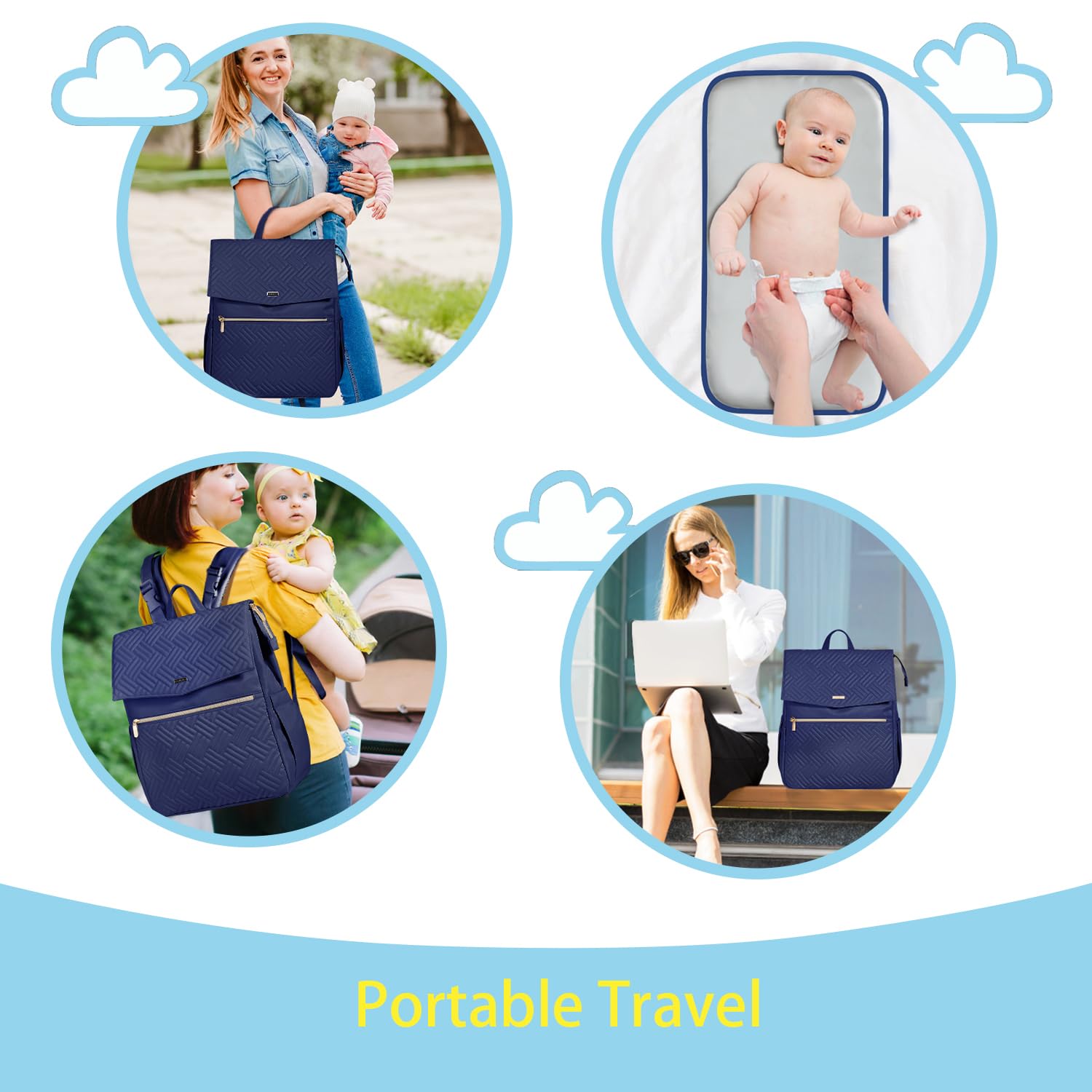 LANDICI diaper bag backpack stroller buckles attach to a stroller for hands-free outings.
