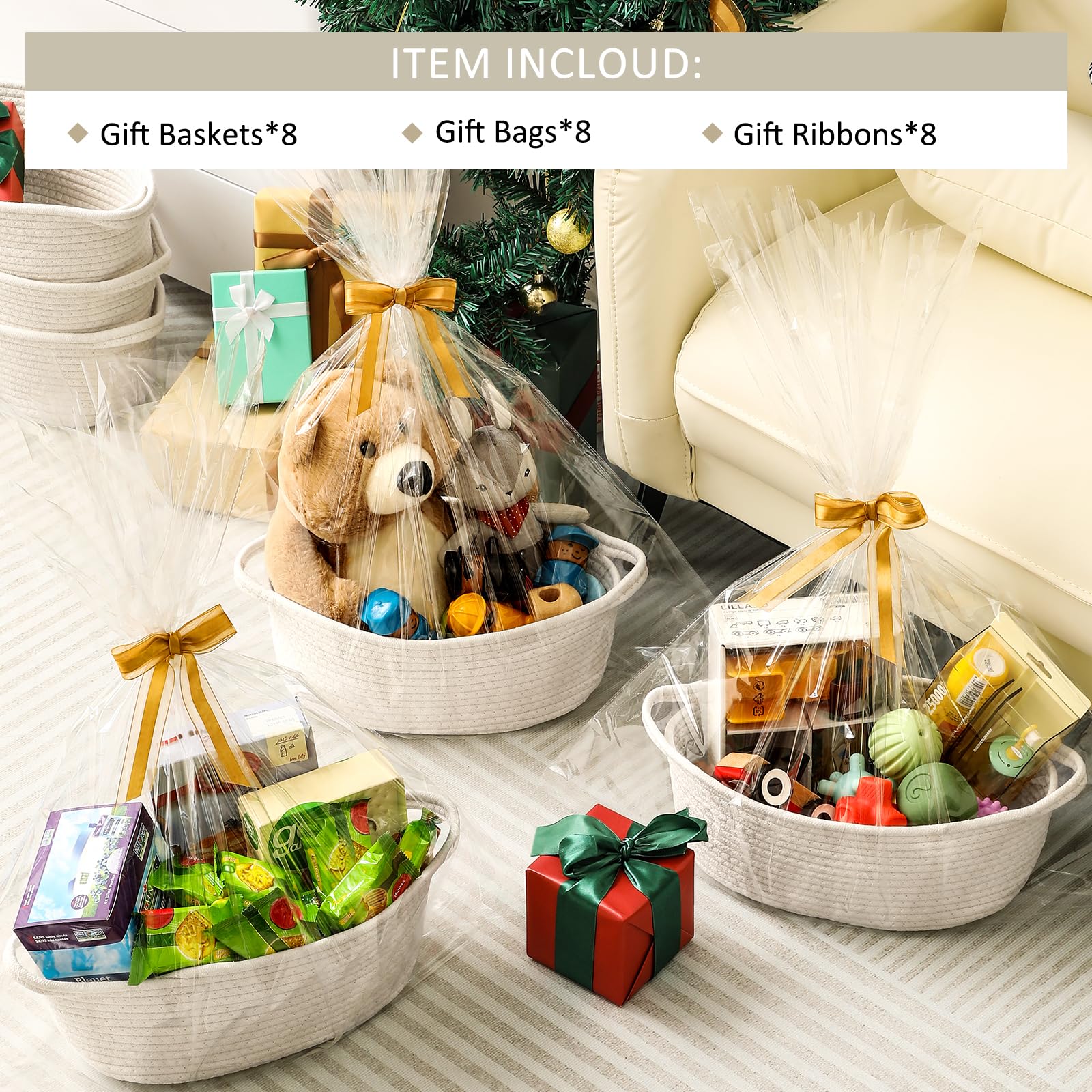 LANDNEOO white woven basket with ribbons, perfect for gifting and home decor.
