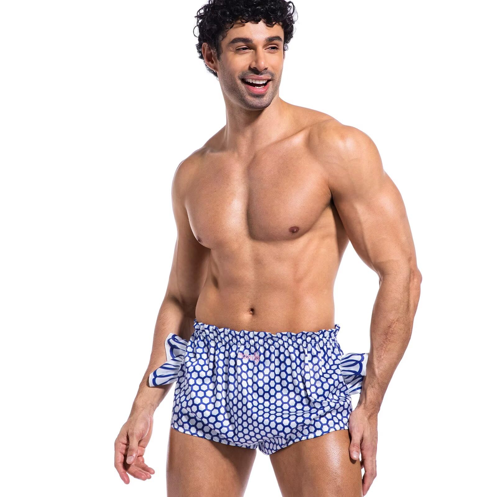 Landofgenie adult diaper cover Navy Candy, back view emphasizes secure elastic leg bands