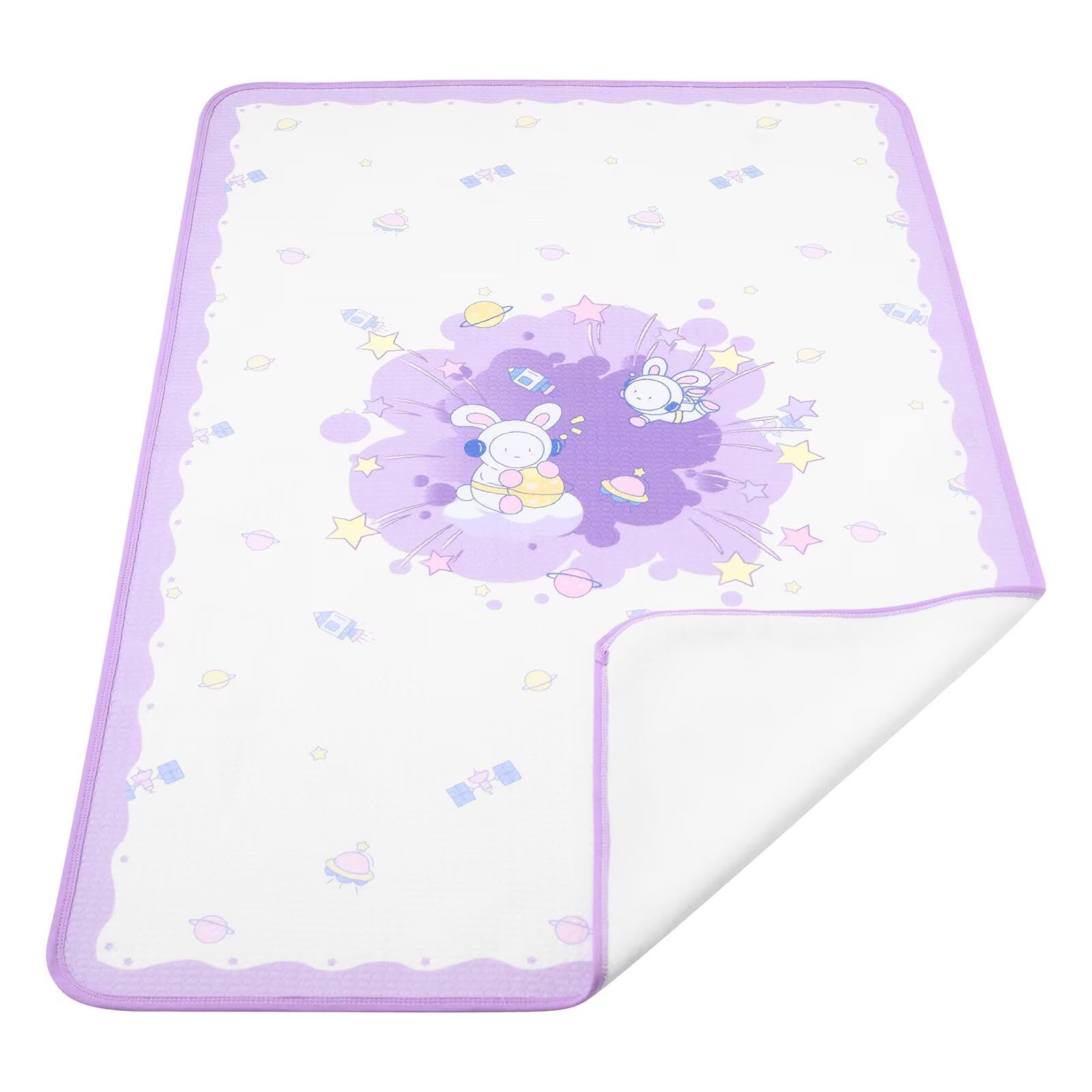 Landofgenie Astronaut Bunny bed pad in full view provides soft, protective coverage.