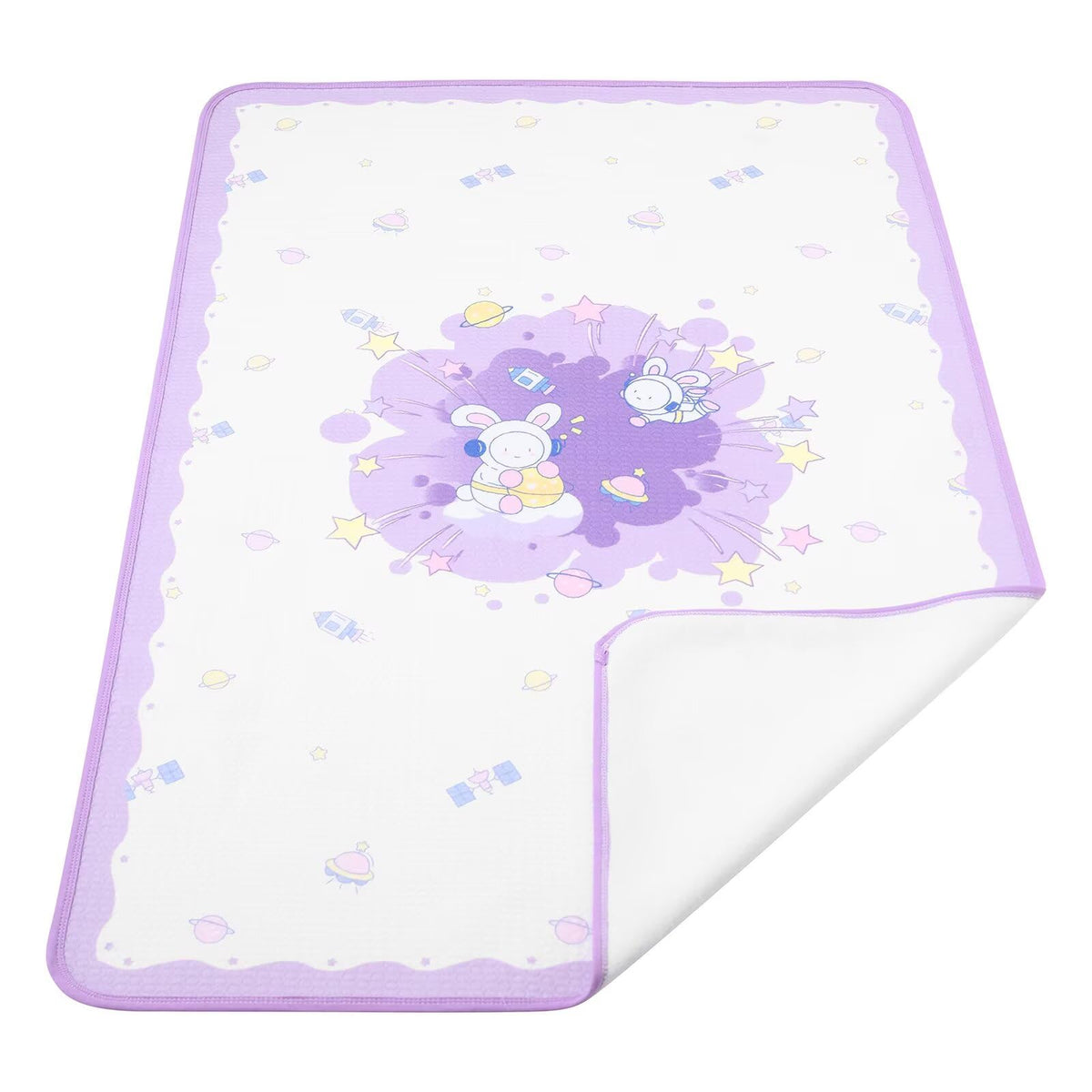 Landofgenie Astronaut Bunny bed pad in full view provides soft, protective coverage.