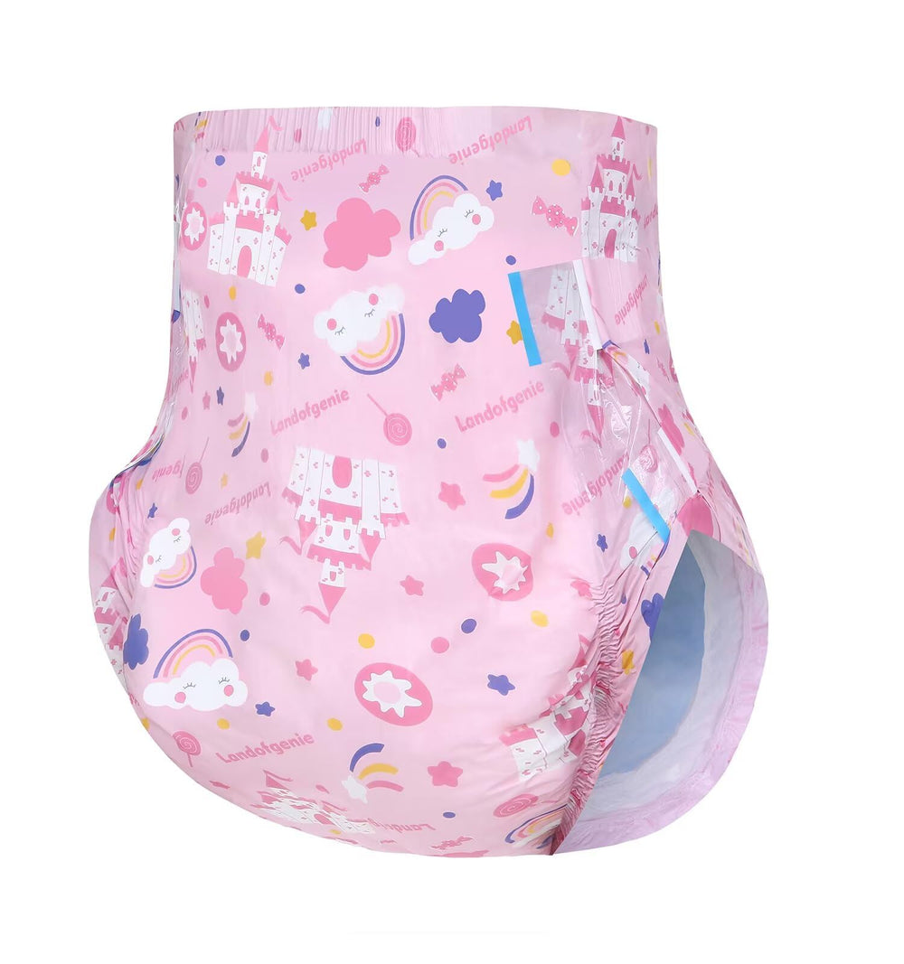 Landofgenie Candy Castle diaper with tall leak guards for nighttime protection