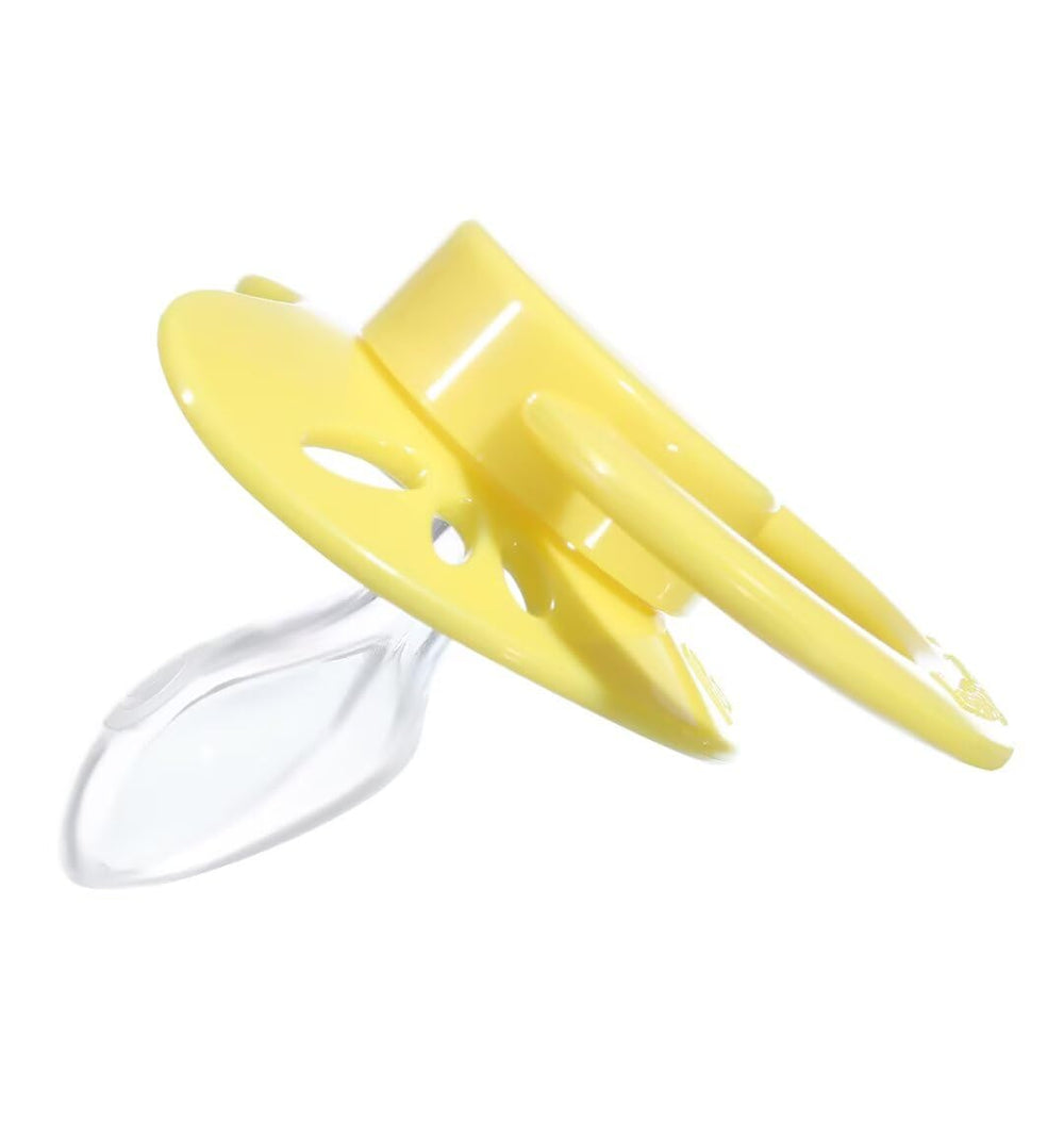 Landofgenie pacifier with logo shield and pull tabs for easy handling.