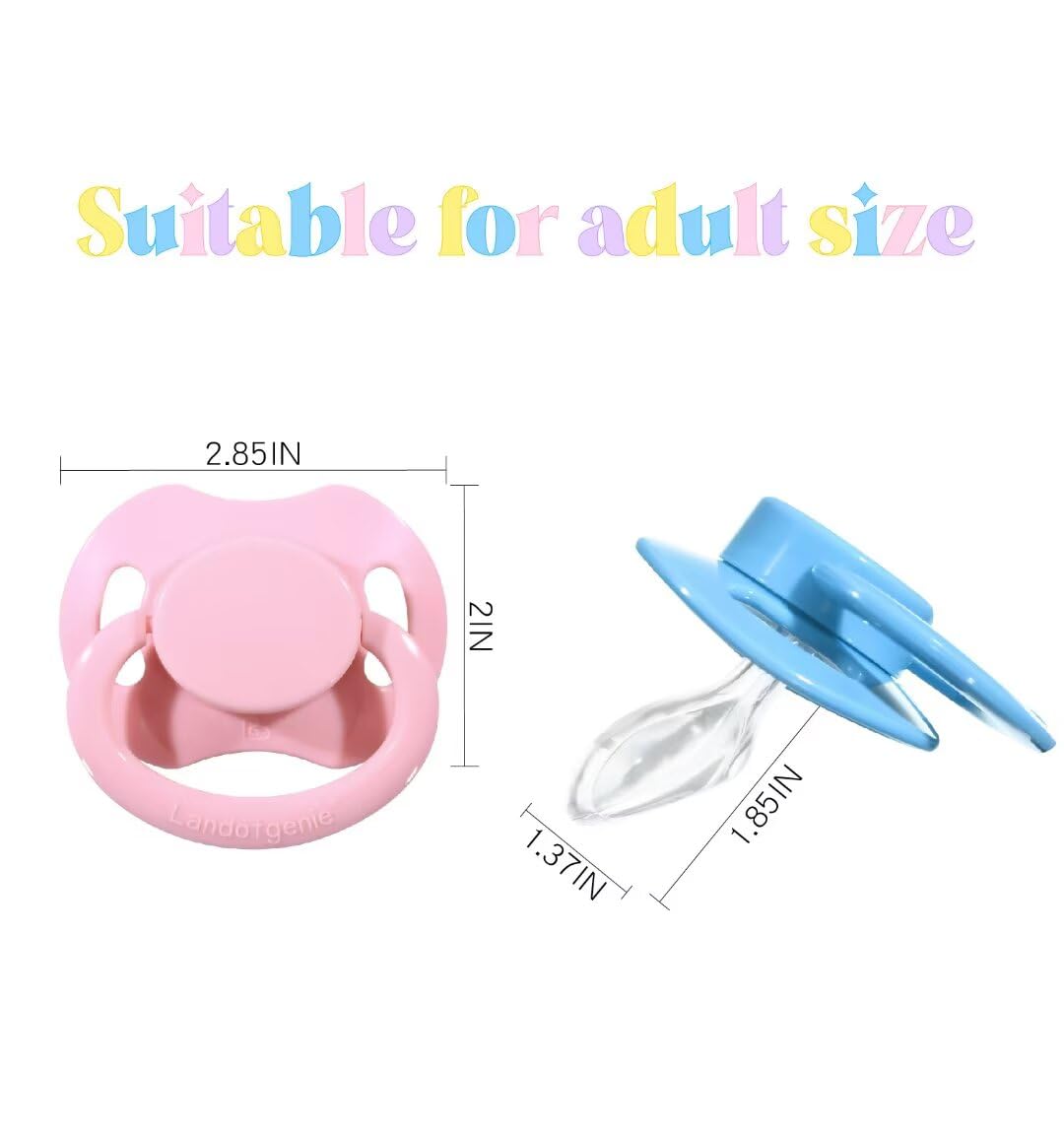 Landofgenie pacifier shield close-up with logo and design elements.