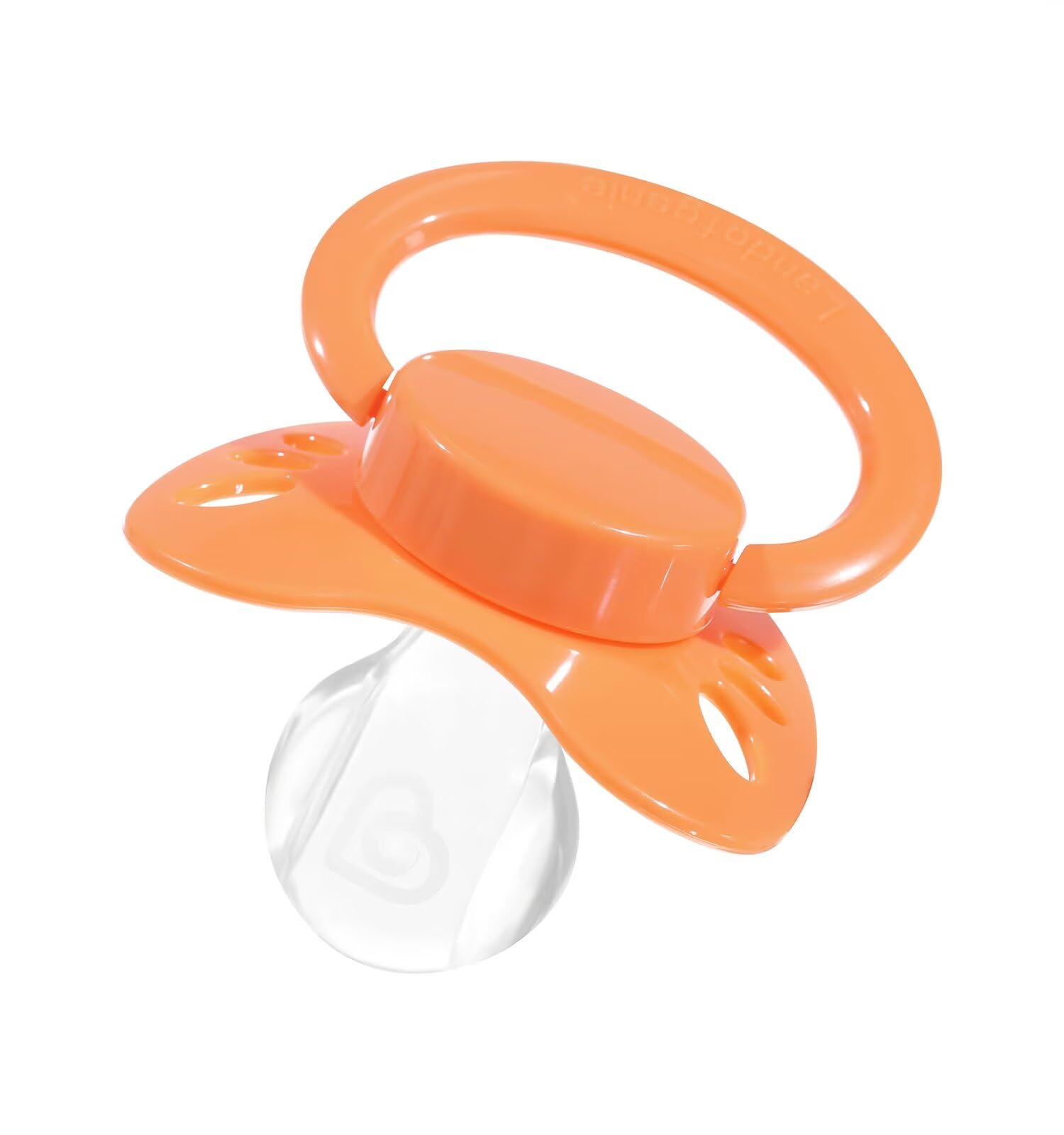 Landofgenie shield with logo on orange pacifier provides a distinctive look