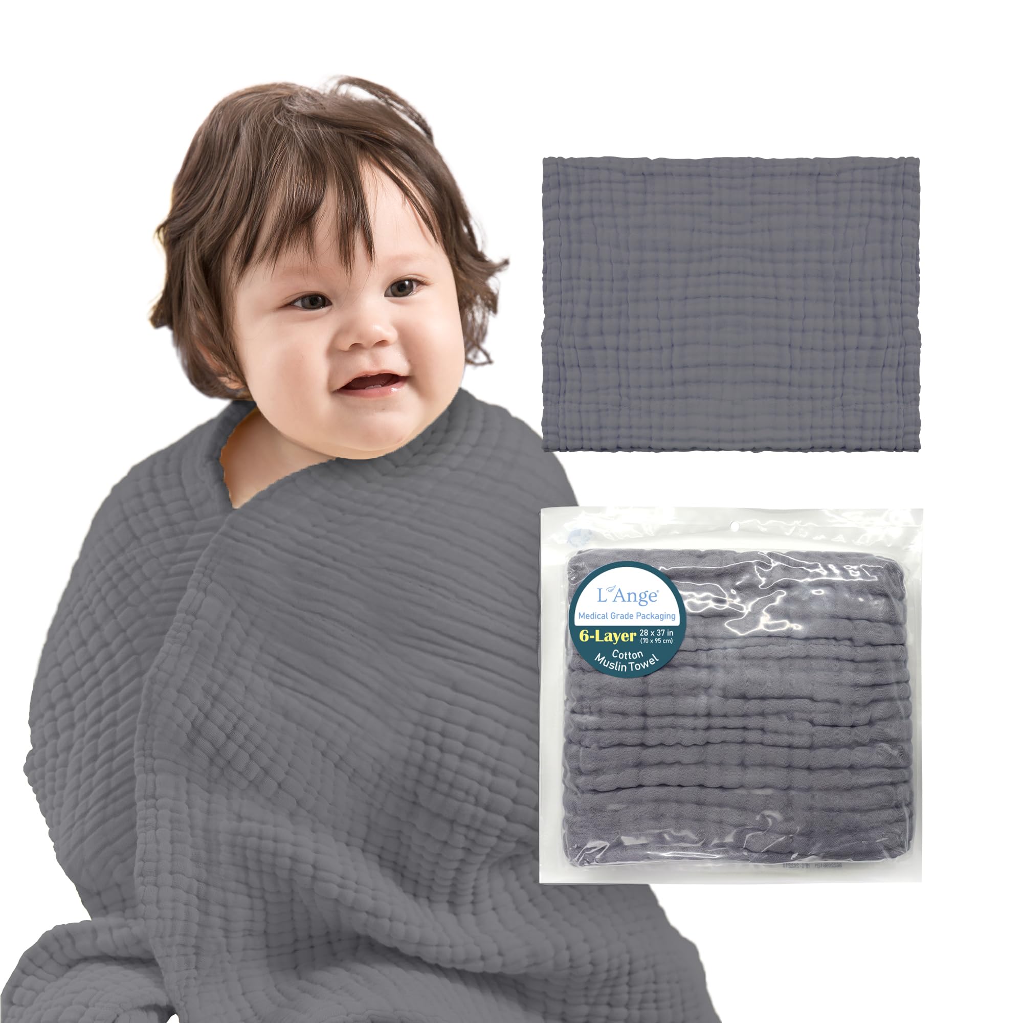L'Ange baby towel shows six-layer muslin close-up for gentle newborn drying
