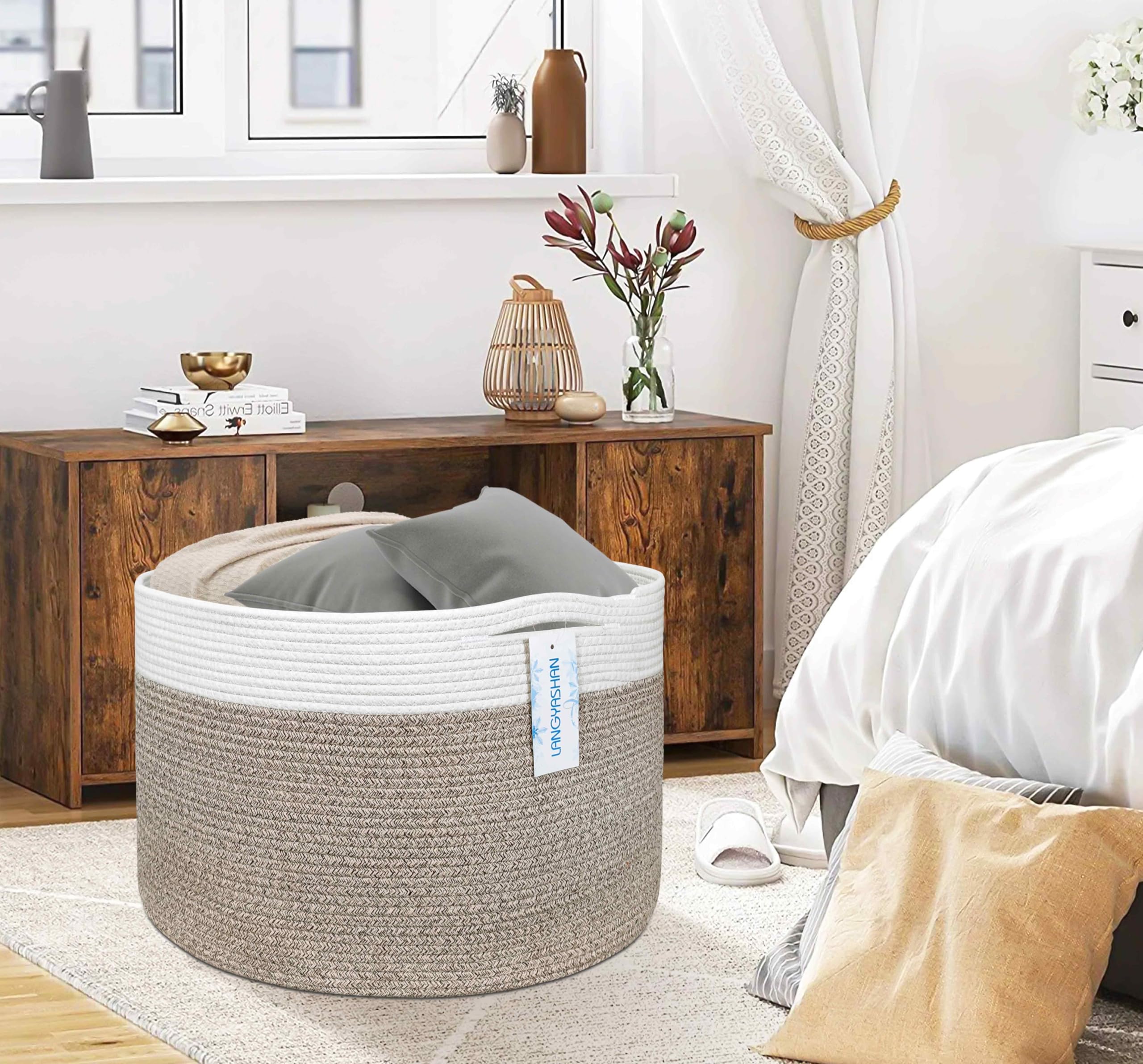 LANGYASHAN basket bedroom decor adds natural texture while providing practical space.
