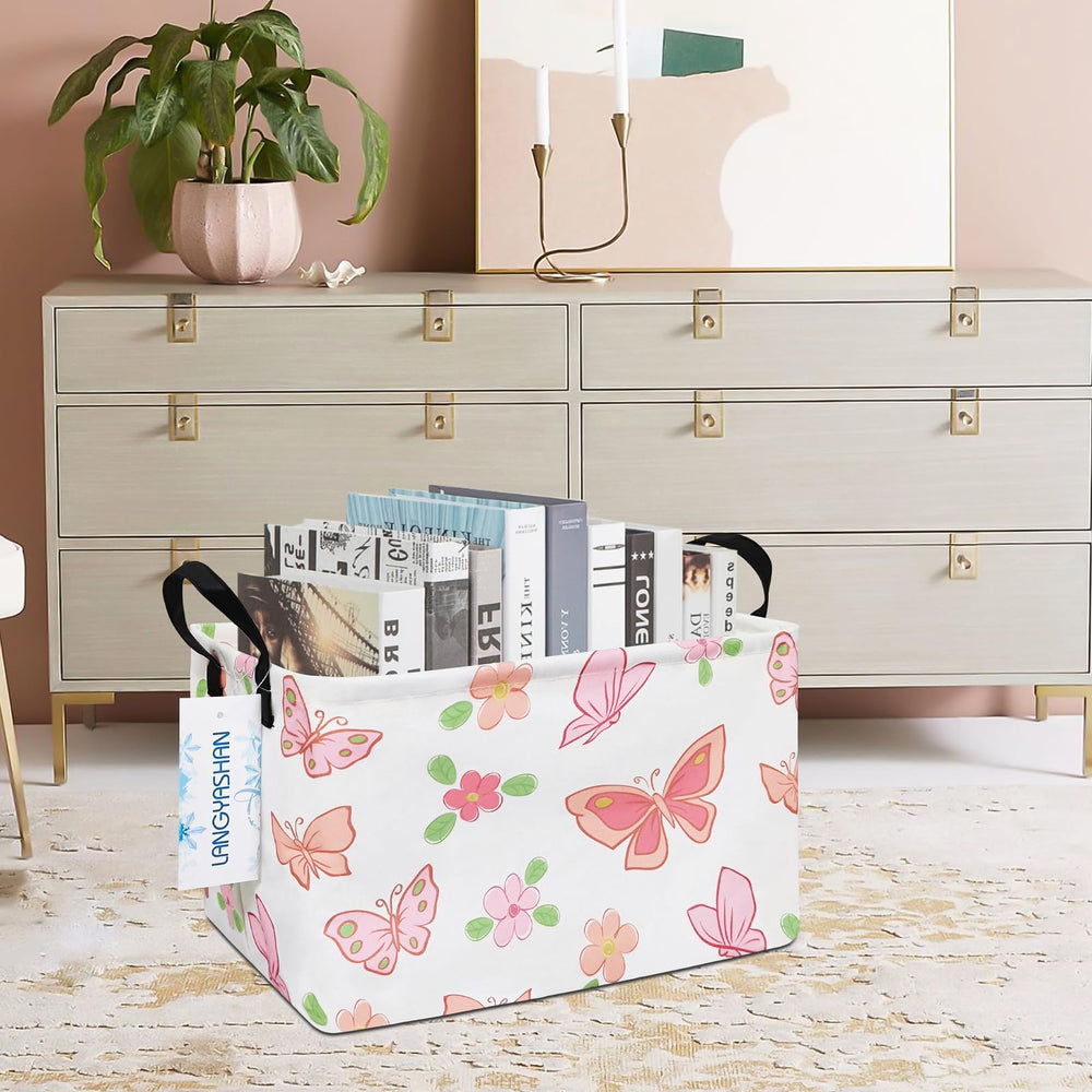 LANGYASHAN nursery bin in pink butterfly print keeps toys and supplies tidy.