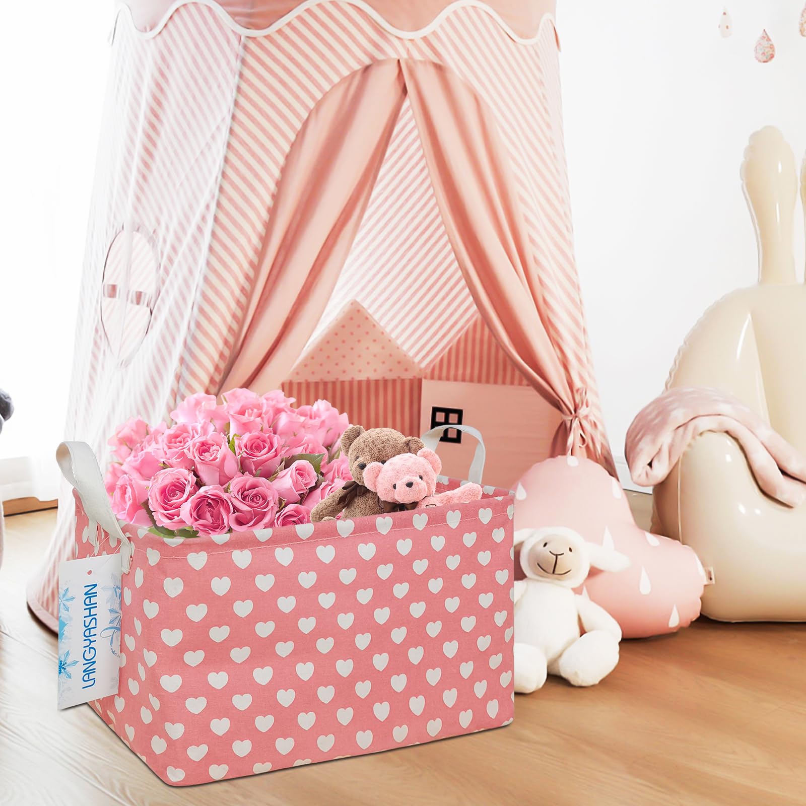 LANGYASHAN playroom bin folds flat for space-saving storage.