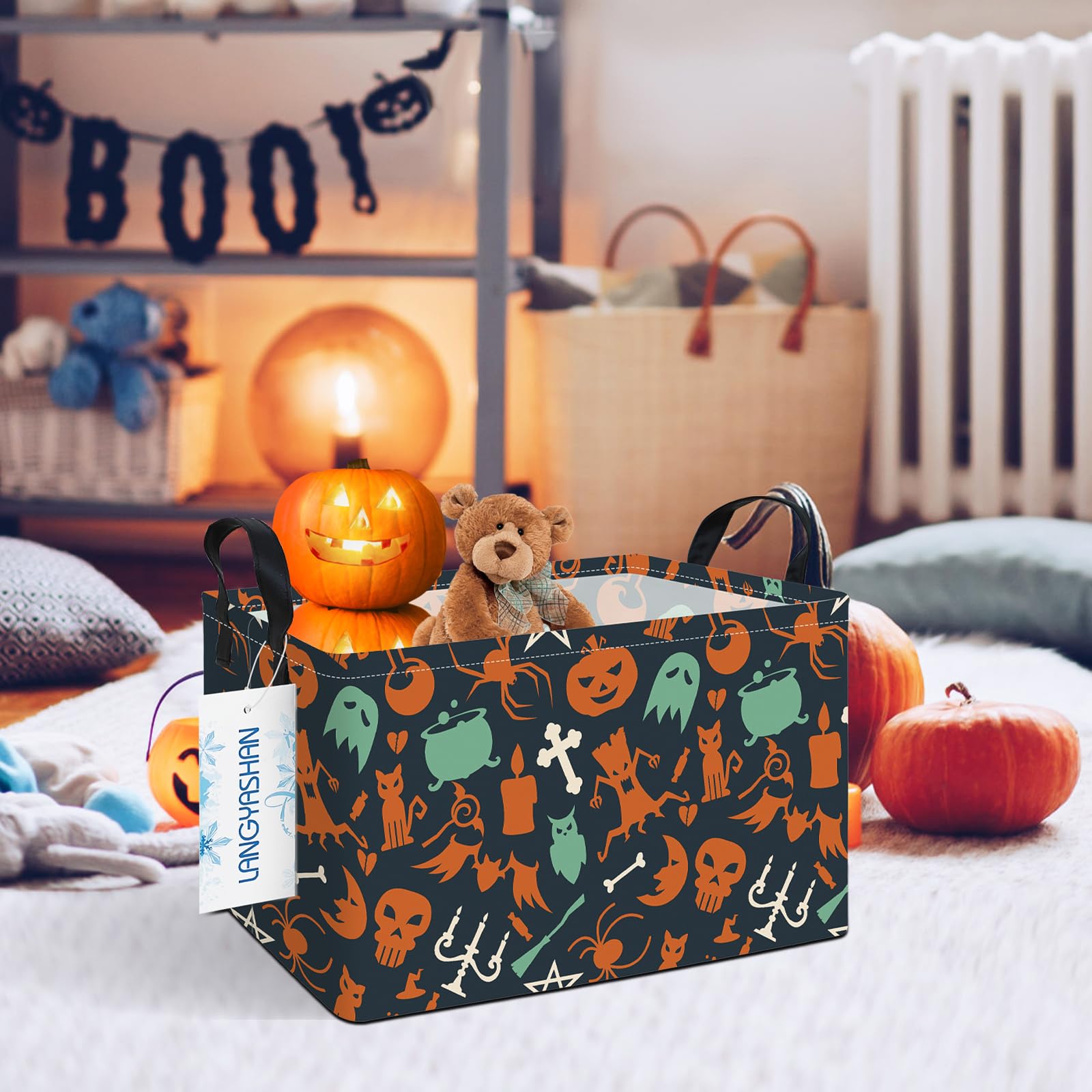 LANGYASHAN Rectangular Halloween Ghost storage bin in kids' room, spacious and easy to clean
