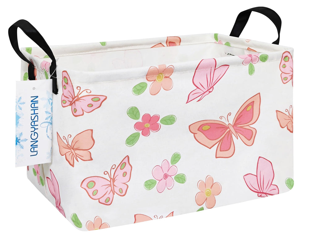 LANGYASHAN rectangular storage bin in pink butterfly design for tidy toys and storage.