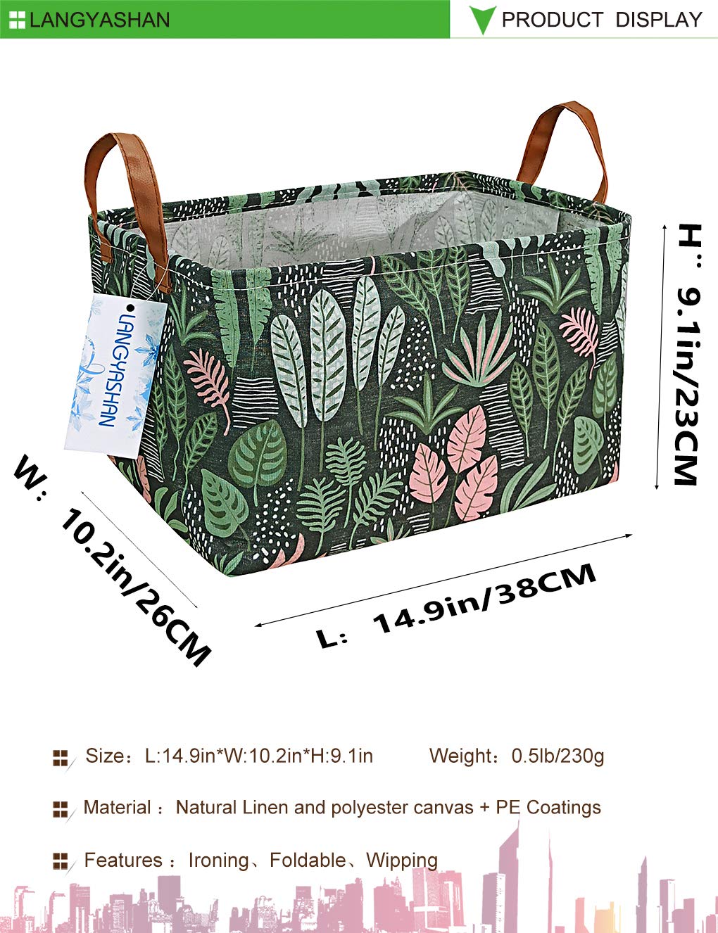 LANGYASHAN foldable storage bin collapses flat for compact storage.
