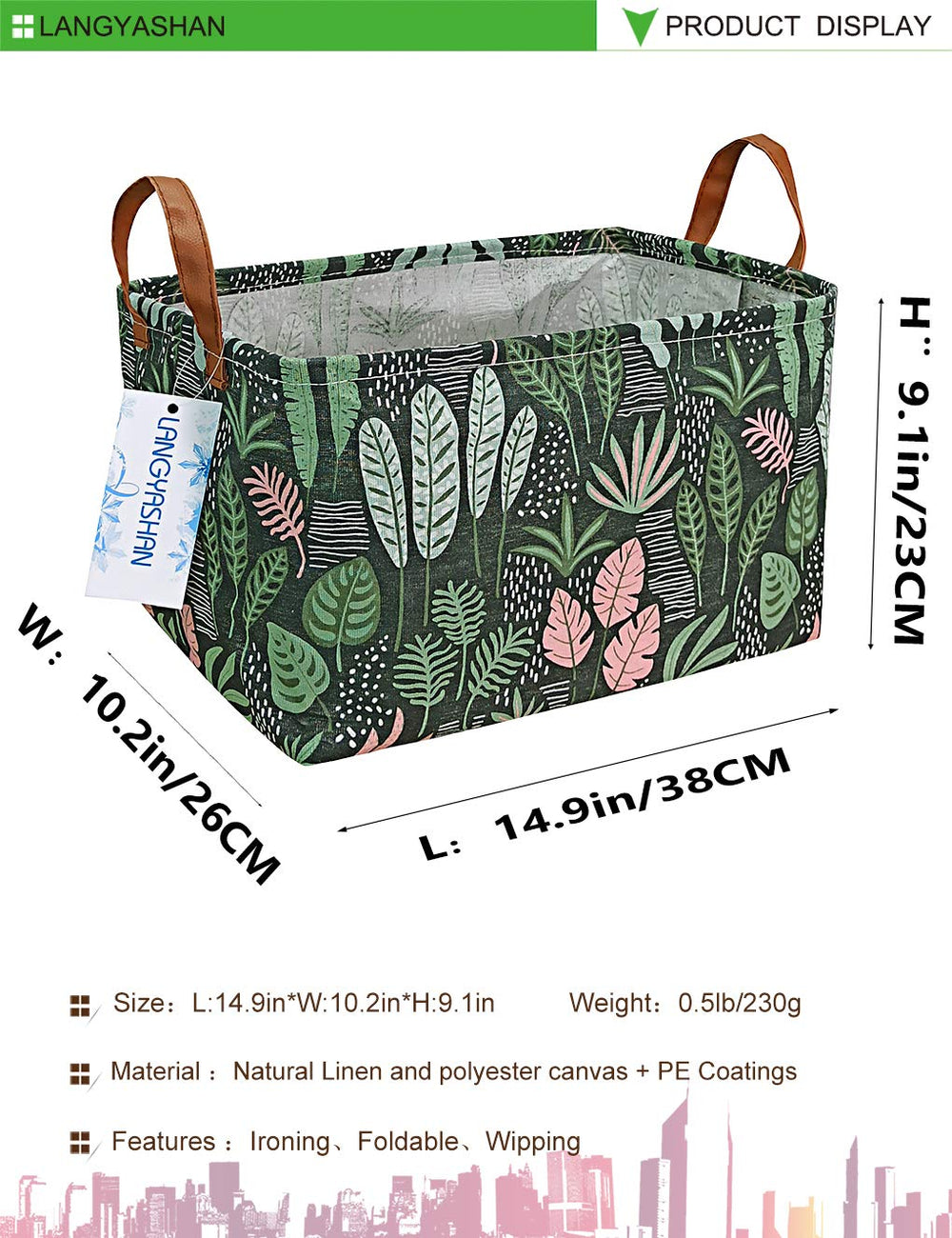 LANGYASHAN foldable storage bin collapses flat for compact storage.