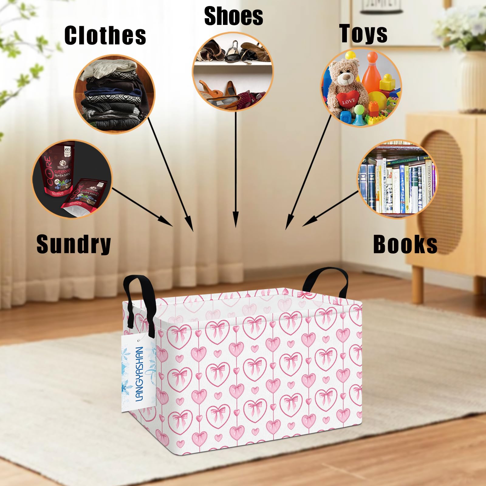 LANGYASHAN toy bin in a kids' room keeps plushies and books organized.