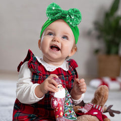 Lanmerry Christmas headbands with green sequin bows for playful seasonal wear.
