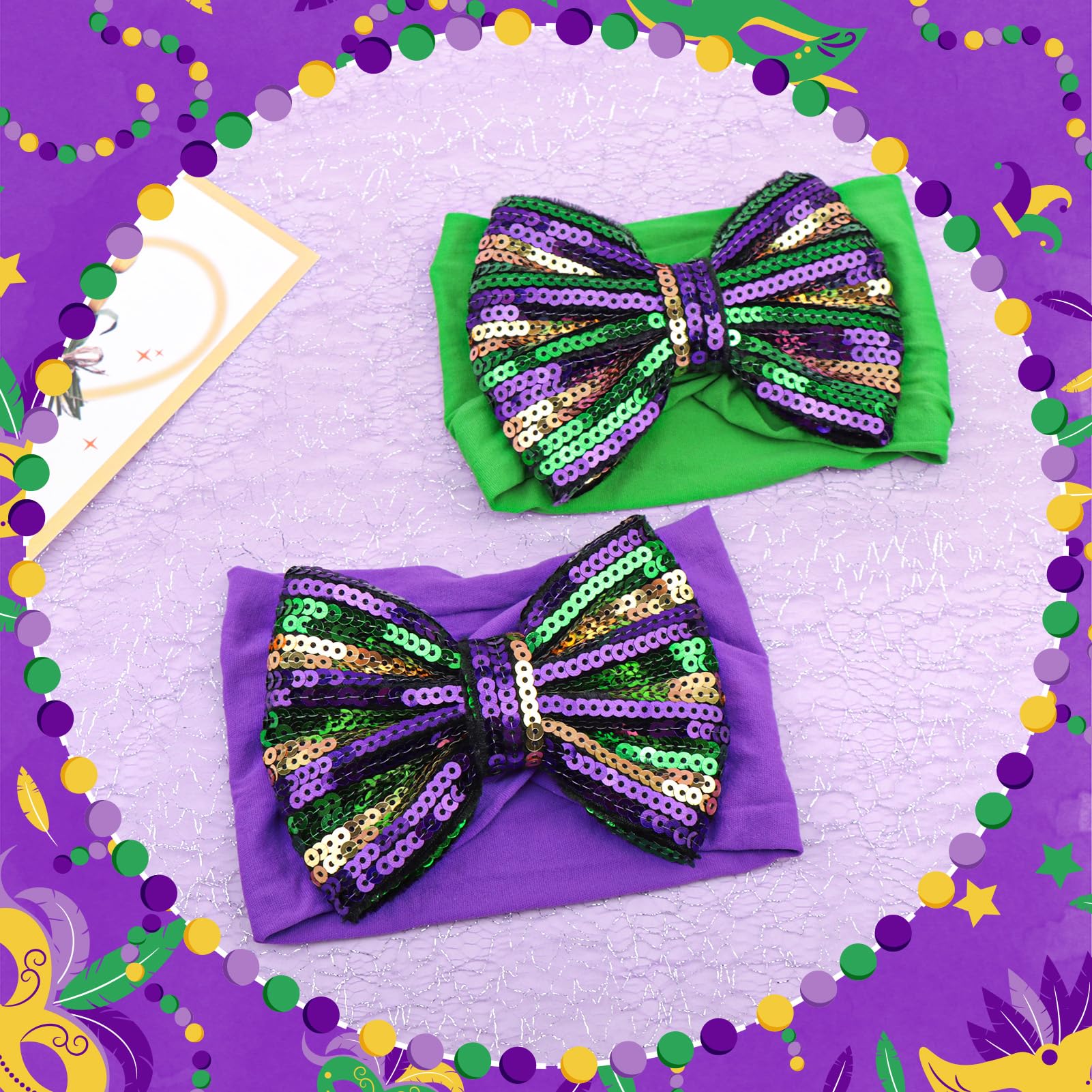 Lanmerry festive hair accessory bow complementing Mardi Gras ensembles