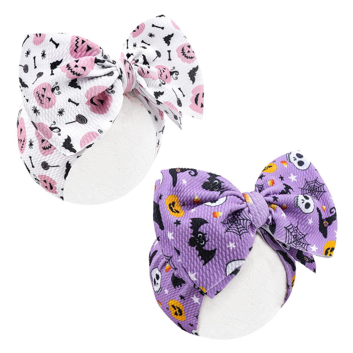 Lanmerry Halloween bow on purple headband; gentle on baby's skin.