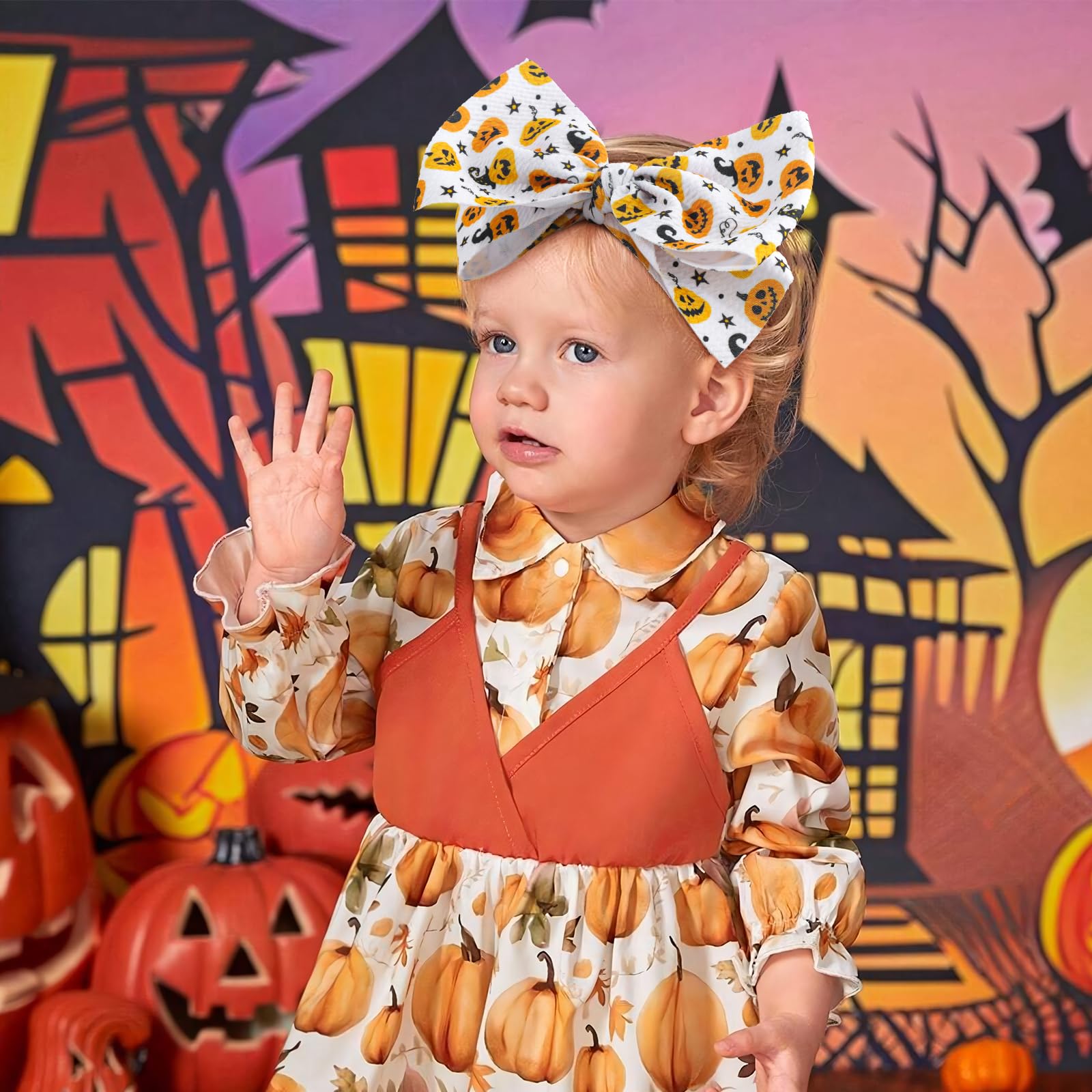 Lanmerry pumpkin-pattern bow on cozy nylon band for Halloween outfits