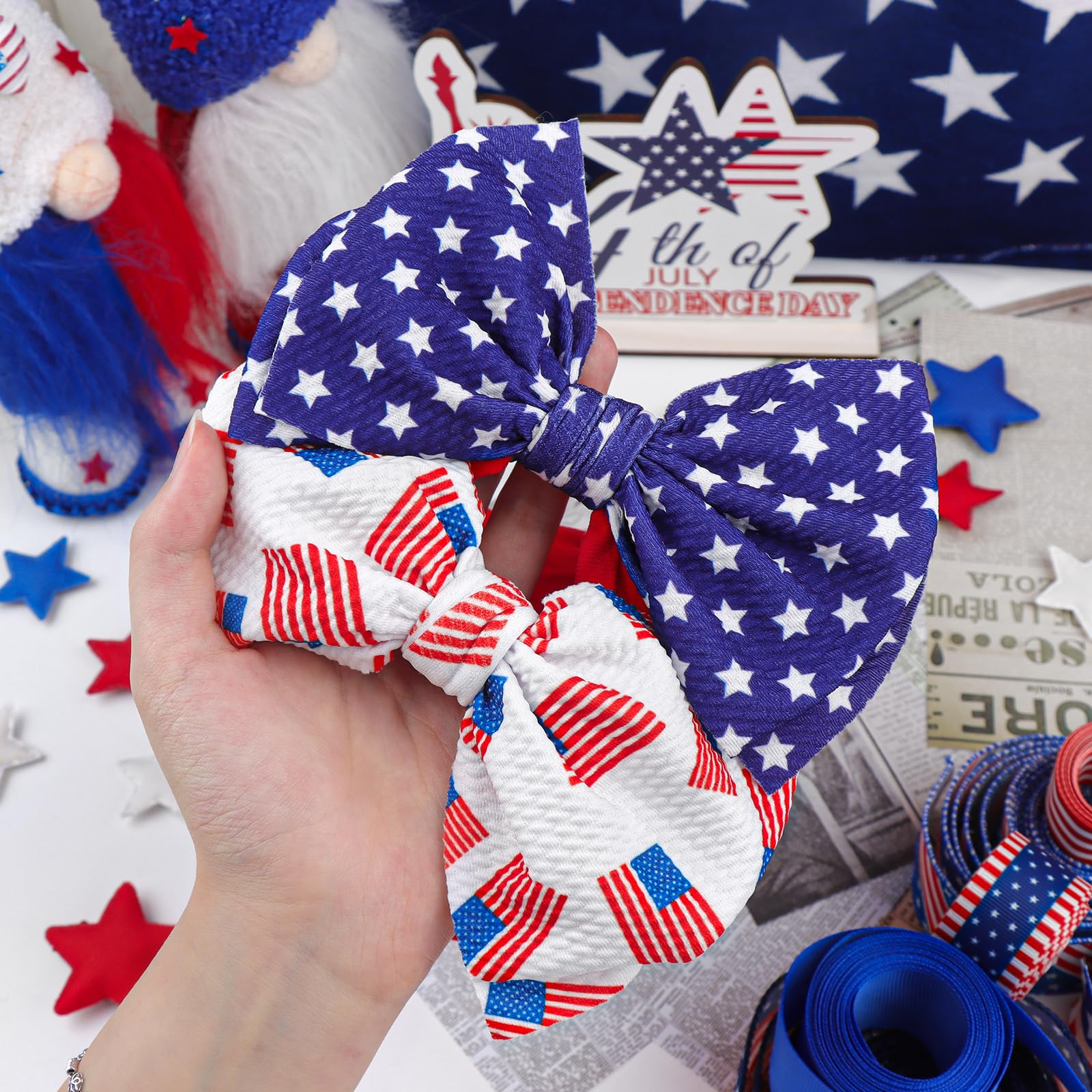 Lanmerry patriotic headband coordinates with red, white, and blue outfits.