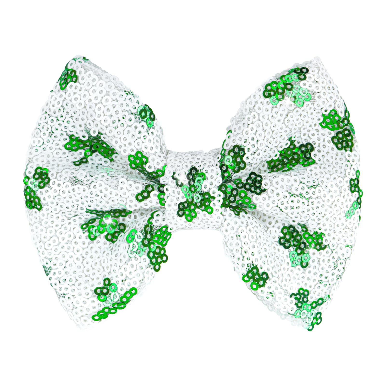 Lanmerry St. Patrick's Day clover sequin bow clip adds festive shine to hairstyles.