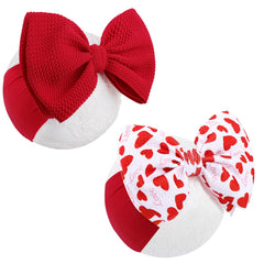 Lanmerry Valentines baby bow headband with red heart pattern; gentle, skin-friendly accessory for infants.