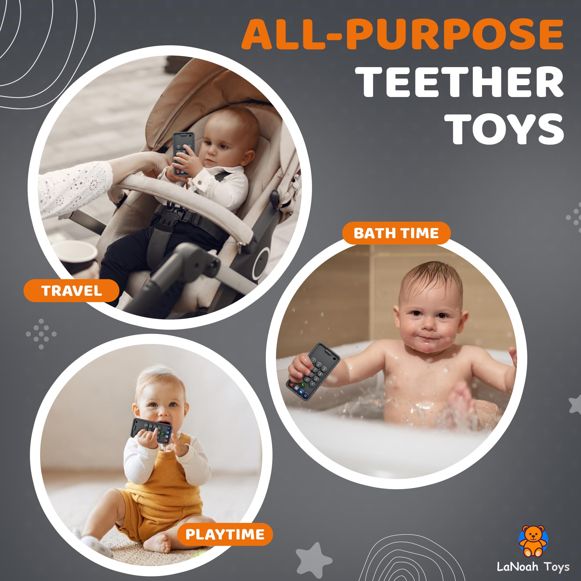 LaNoah Toys baby cellphone teether beige closeup shows gentle chews for early teething