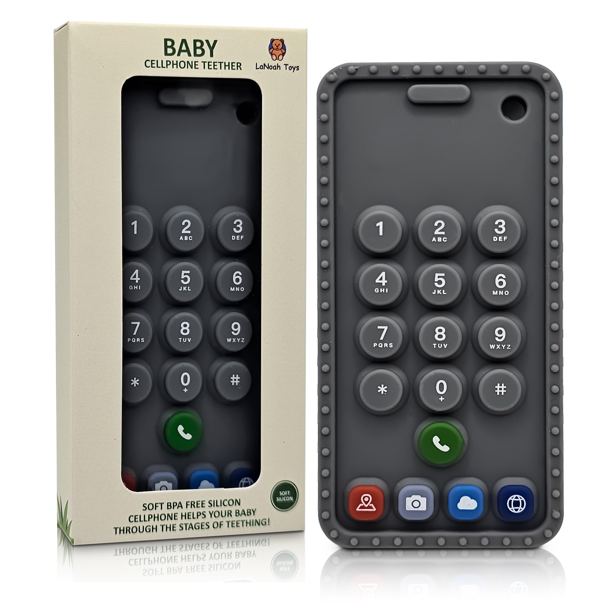 LaNoah Toys baby cellphone teether packaging closeup showing safe, ready-to-use relief for teething