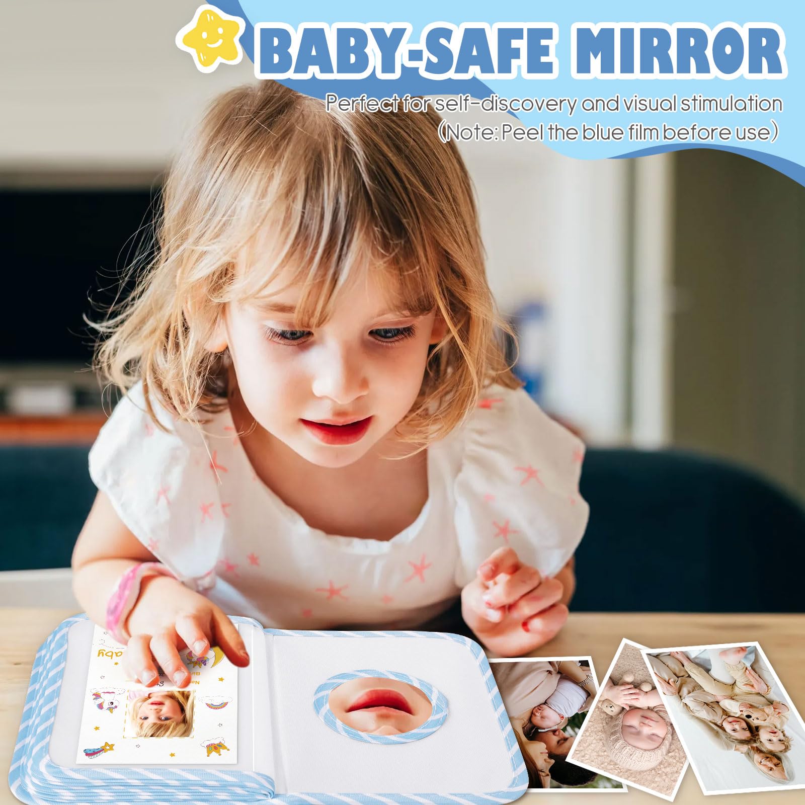Lanpn photo album with plastic hook attaches easily to stroller or crib.