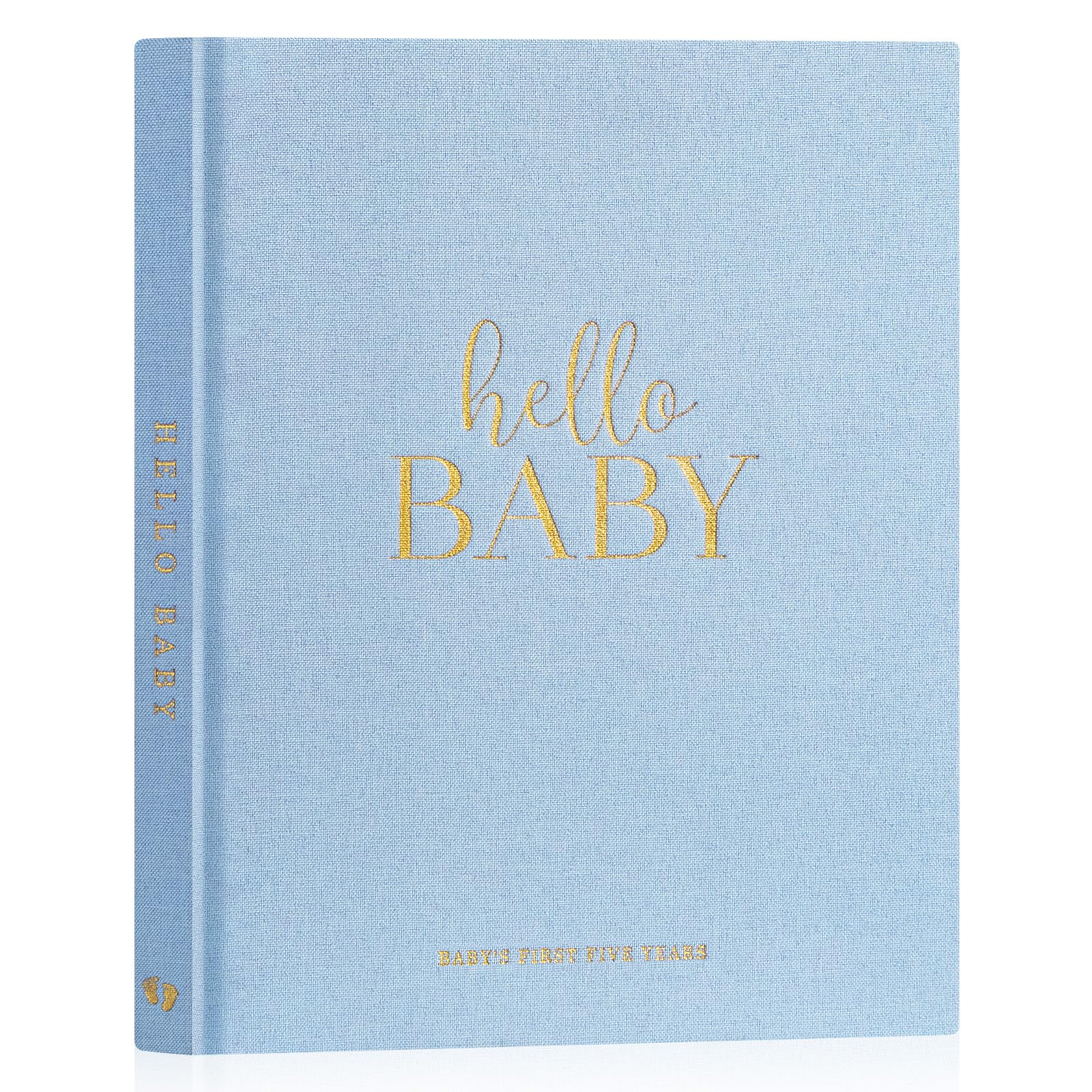 Lanpn Hello Baby memory book blue linen cover with gold foil, a durable keepsake.