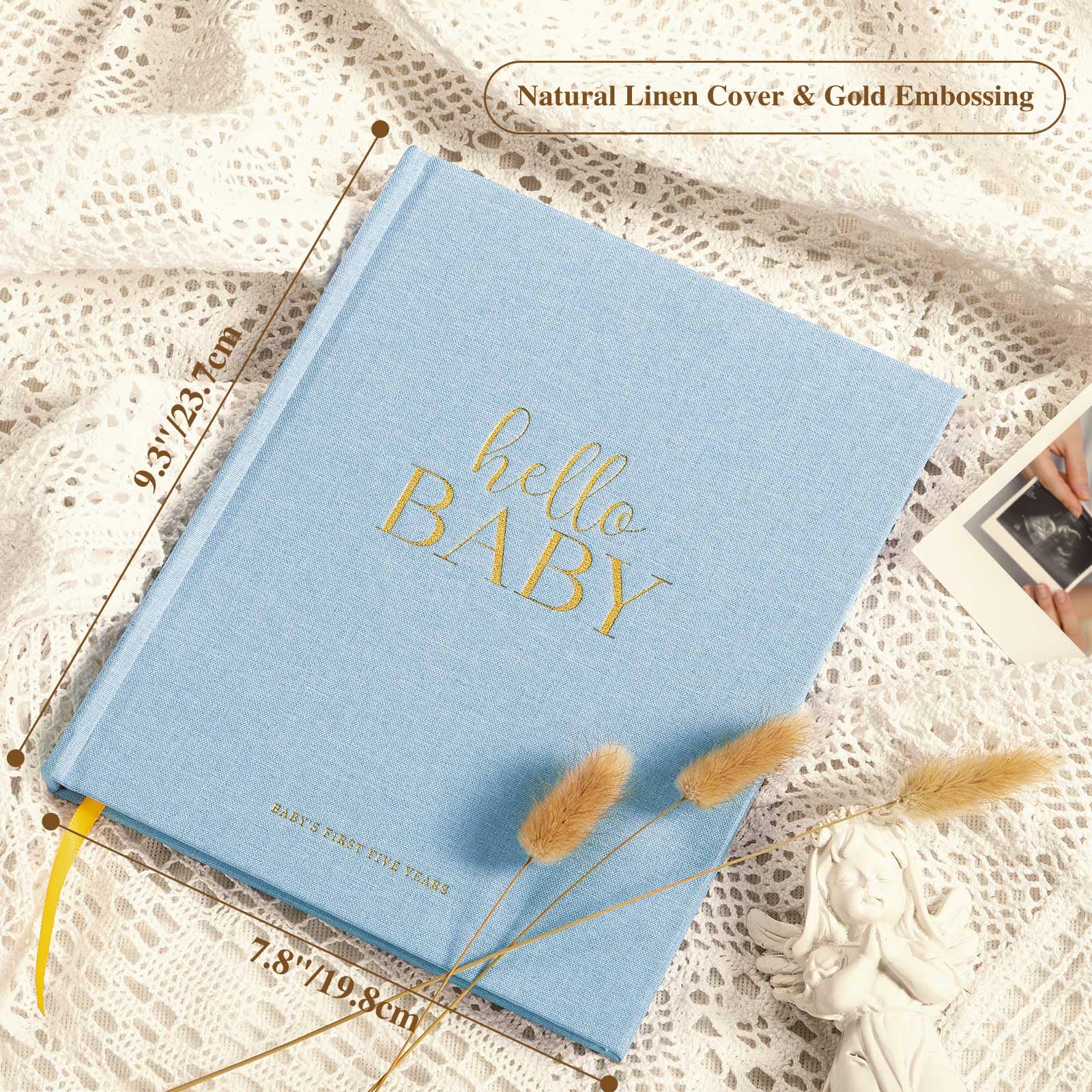 Lanpn Hello Baby memory book linen cover, elegant design for treasured newborn memories.