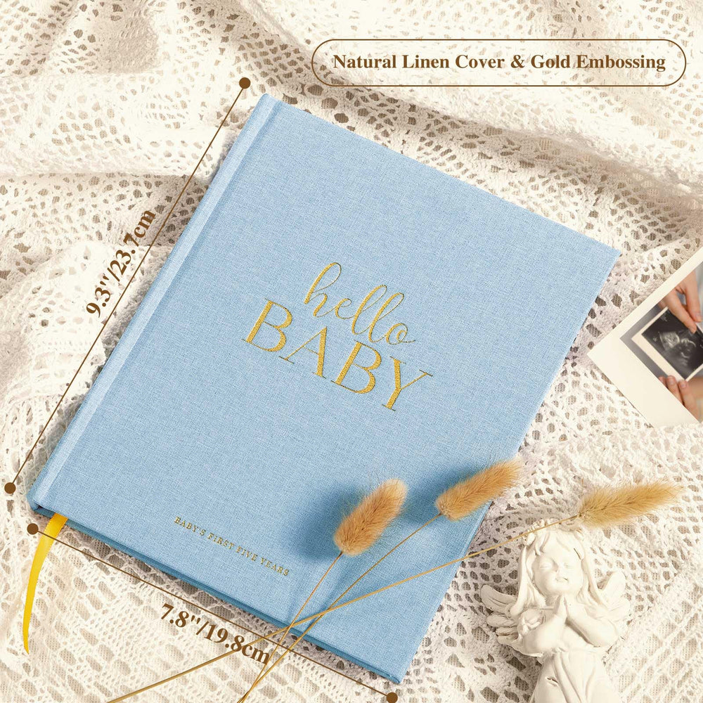 Lanpn Hello Baby memory book linen cover, elegant design for treasured newborn memories.