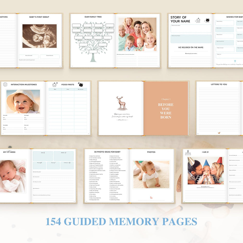 Lanpn memory book features 154 guided pages for milestones and memories.