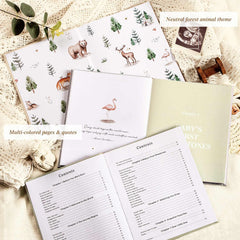 Lanpn memory book interior showing 154 guided pages for milestones