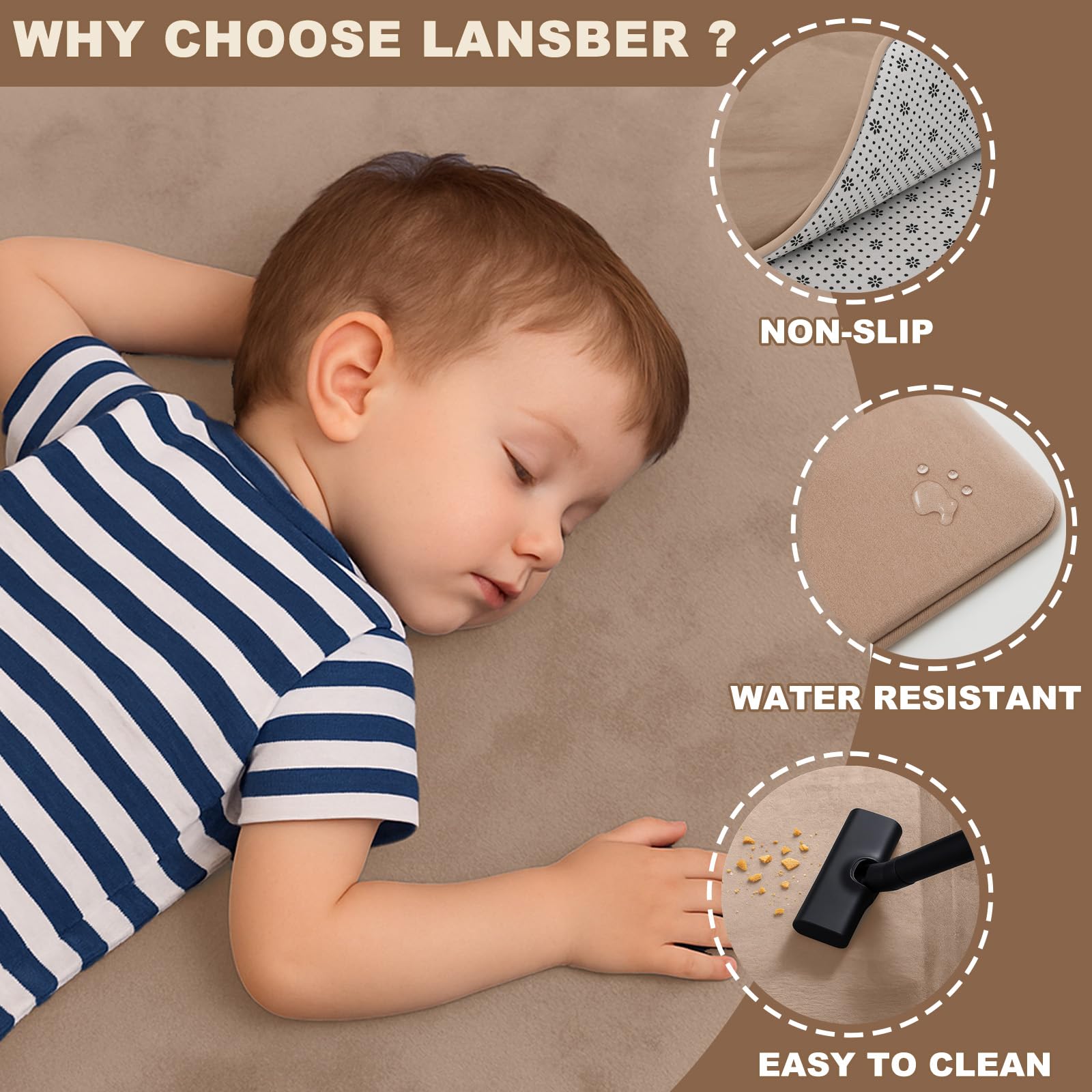 Lansber 50x50 inch play mat laid flat in a nursery corner.