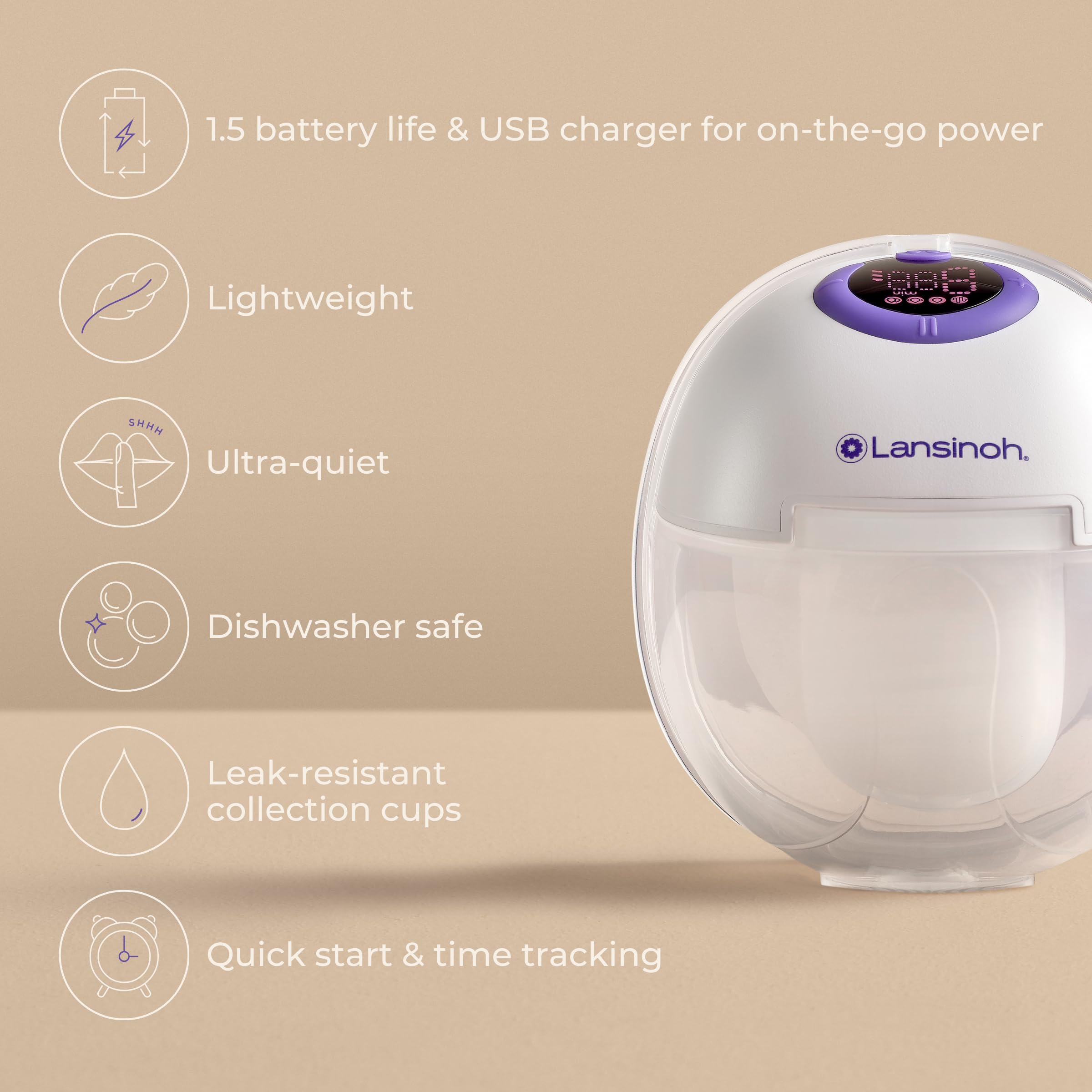 Lansinoh DiscreetDuo pump operates quietly under 45db for discreet sessions