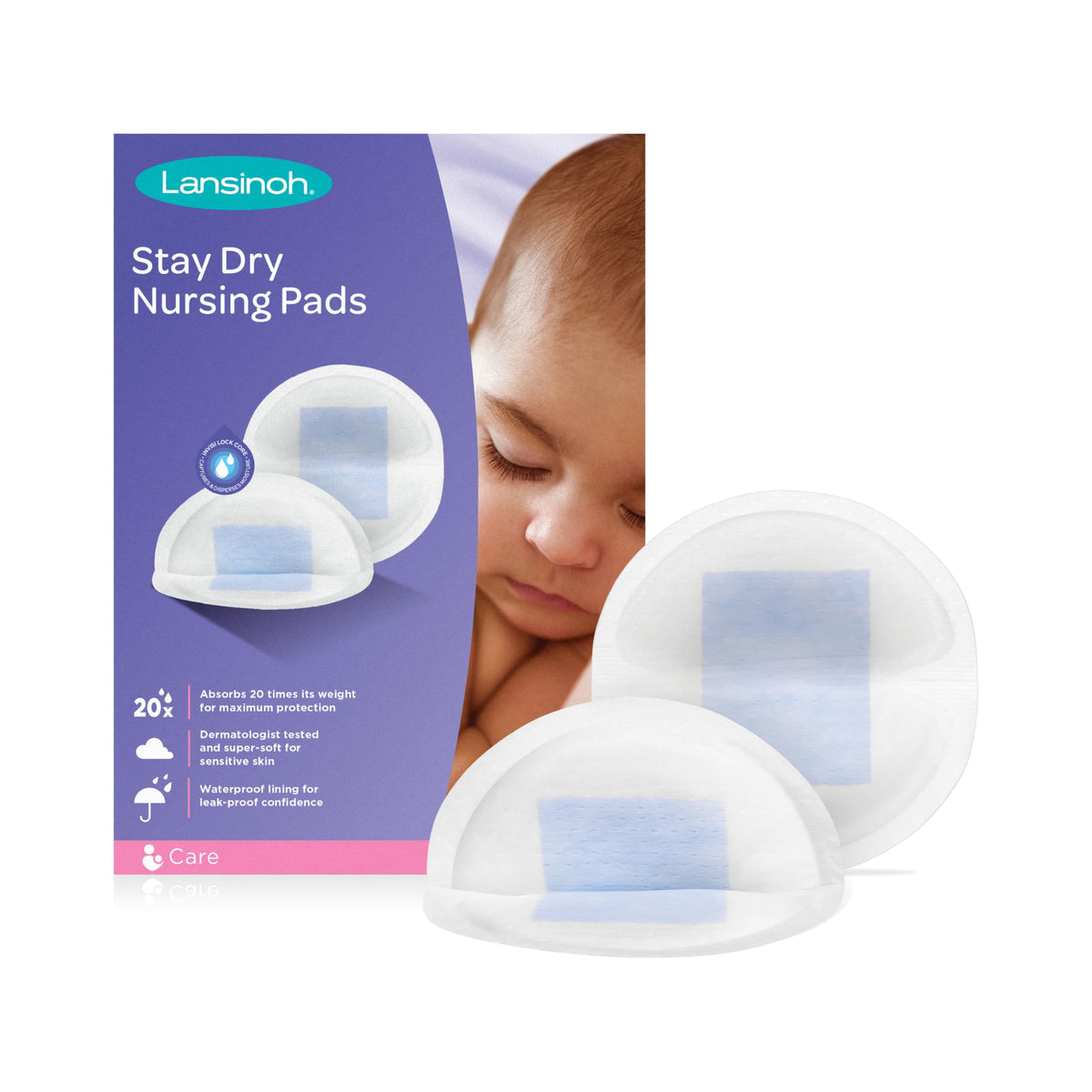 Lansinoh Stay Dry nursing pad front view shows discreet, thin design for day-long wear.