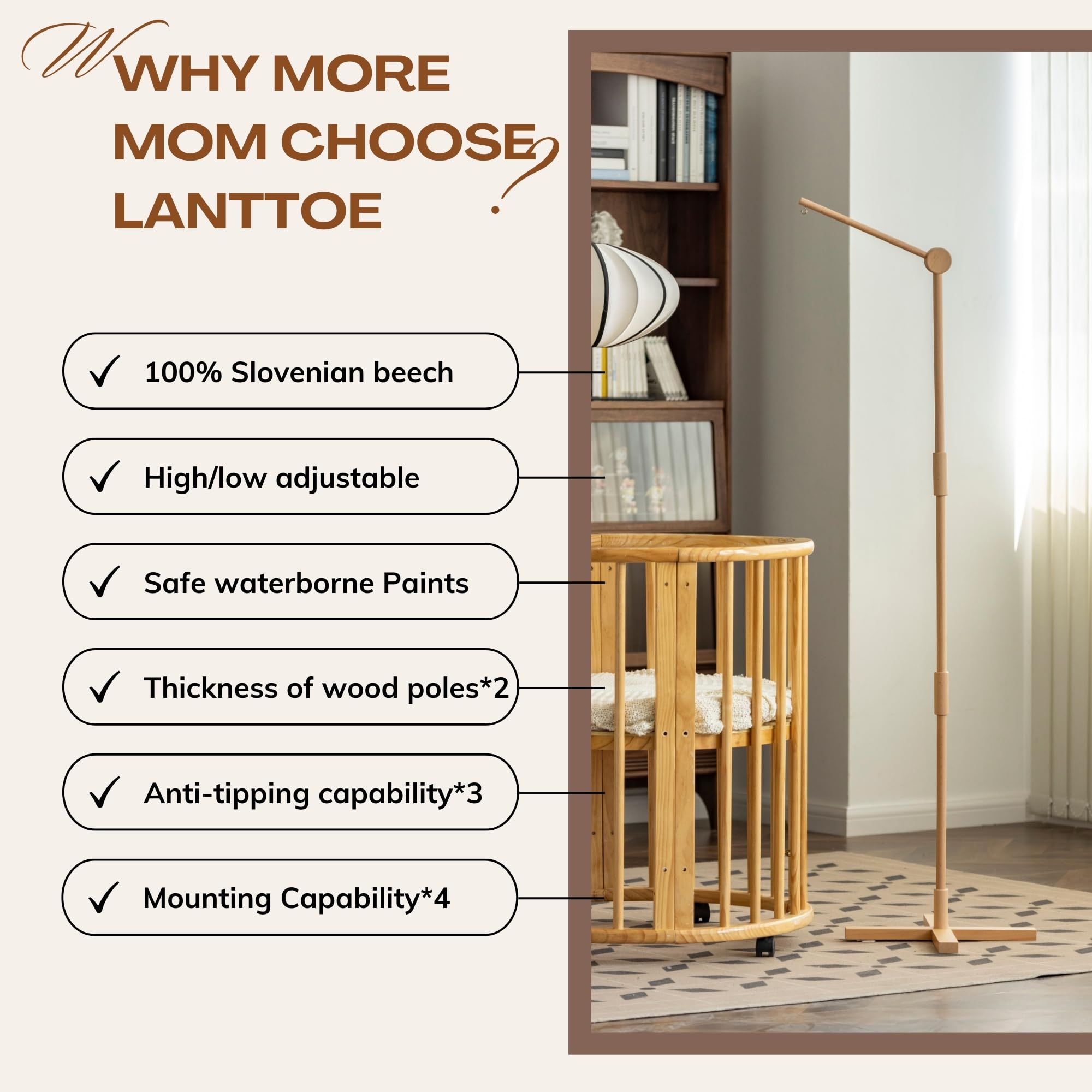 Lanttoe crib mobile arm made of EU beech wood with smooth natural finish