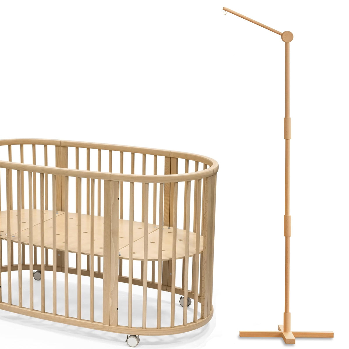 Lanttoe crib mobile arm floorstanding 61-inch in natural beech wood for versatile crib placement