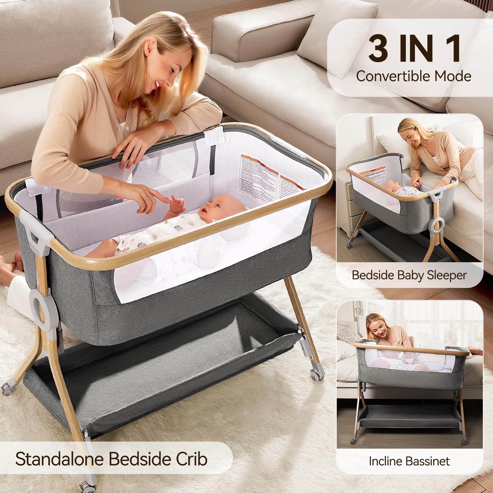 Larex bassinet adjustable height offers easy access for caregivers at night.