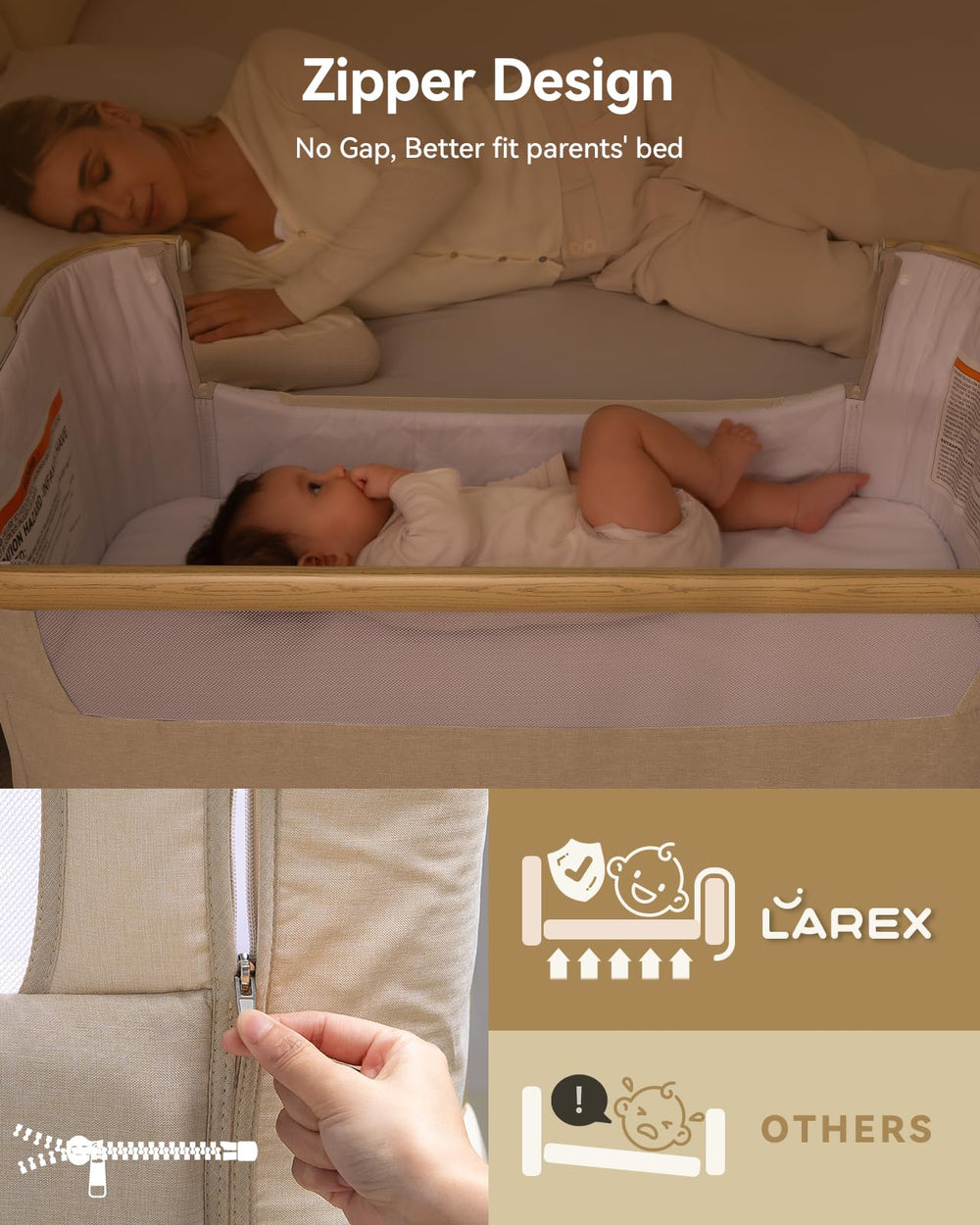 Larex bassinet attached to bed for safe proximity.