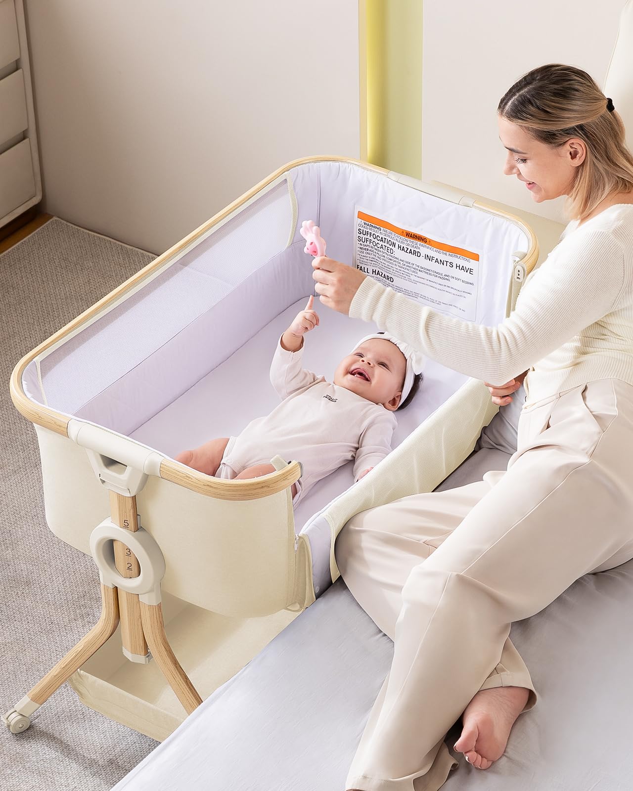 Larex baby bassinet bedside sleeper khaki for close-night care.