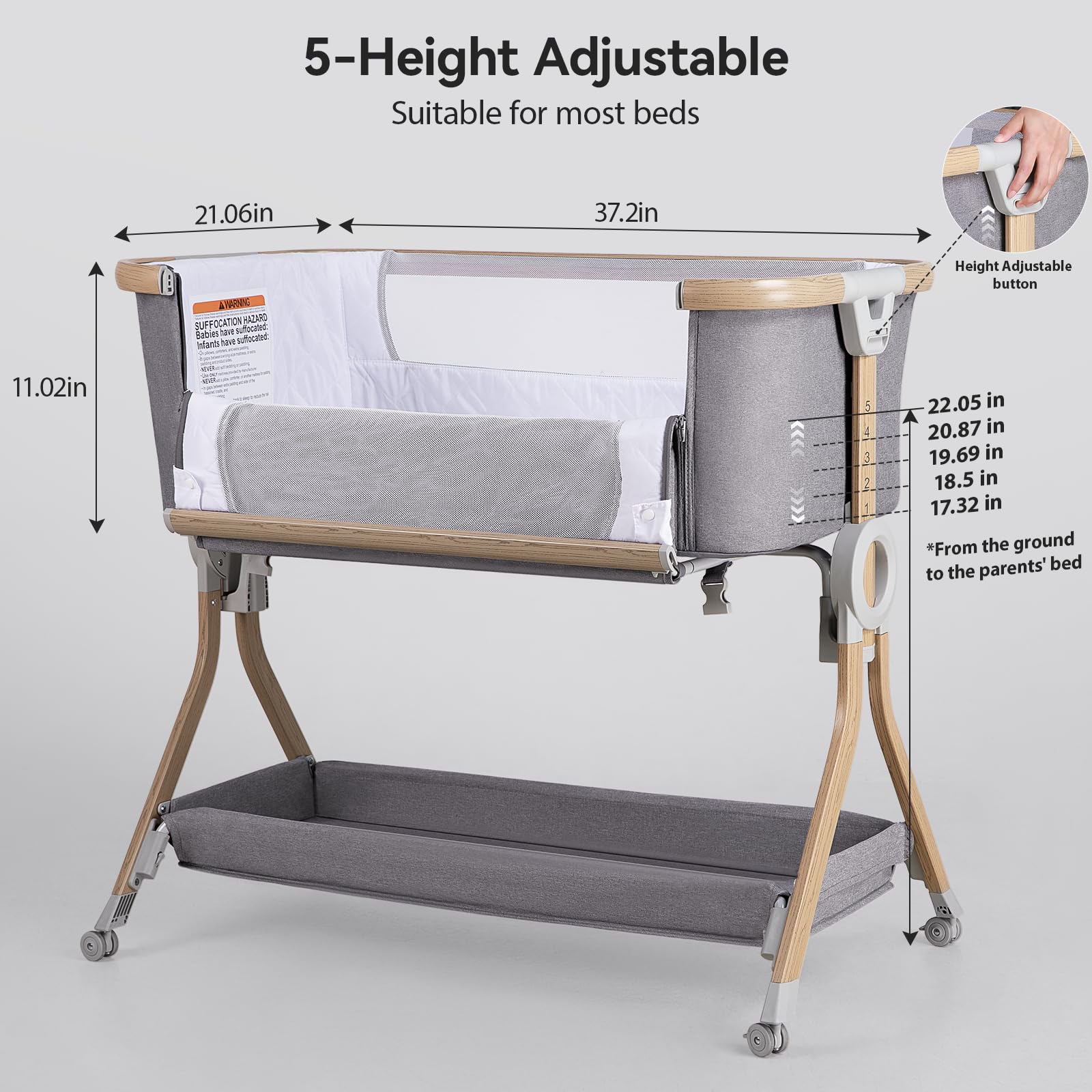 Storage basket keeps essentials within arm's reach during routines.