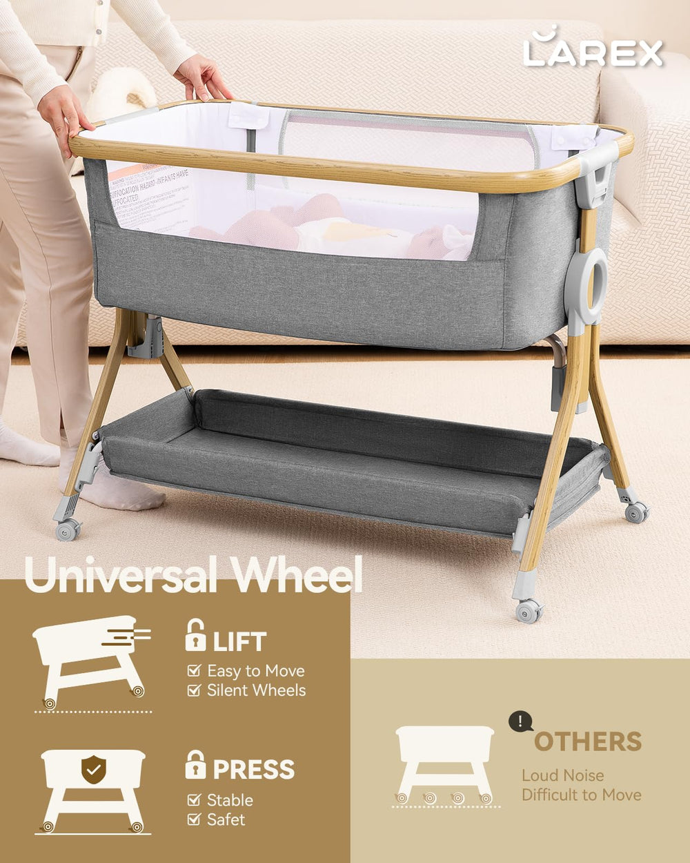Larex baby bassinet easy-assembly in minutes without tools, ready for use.