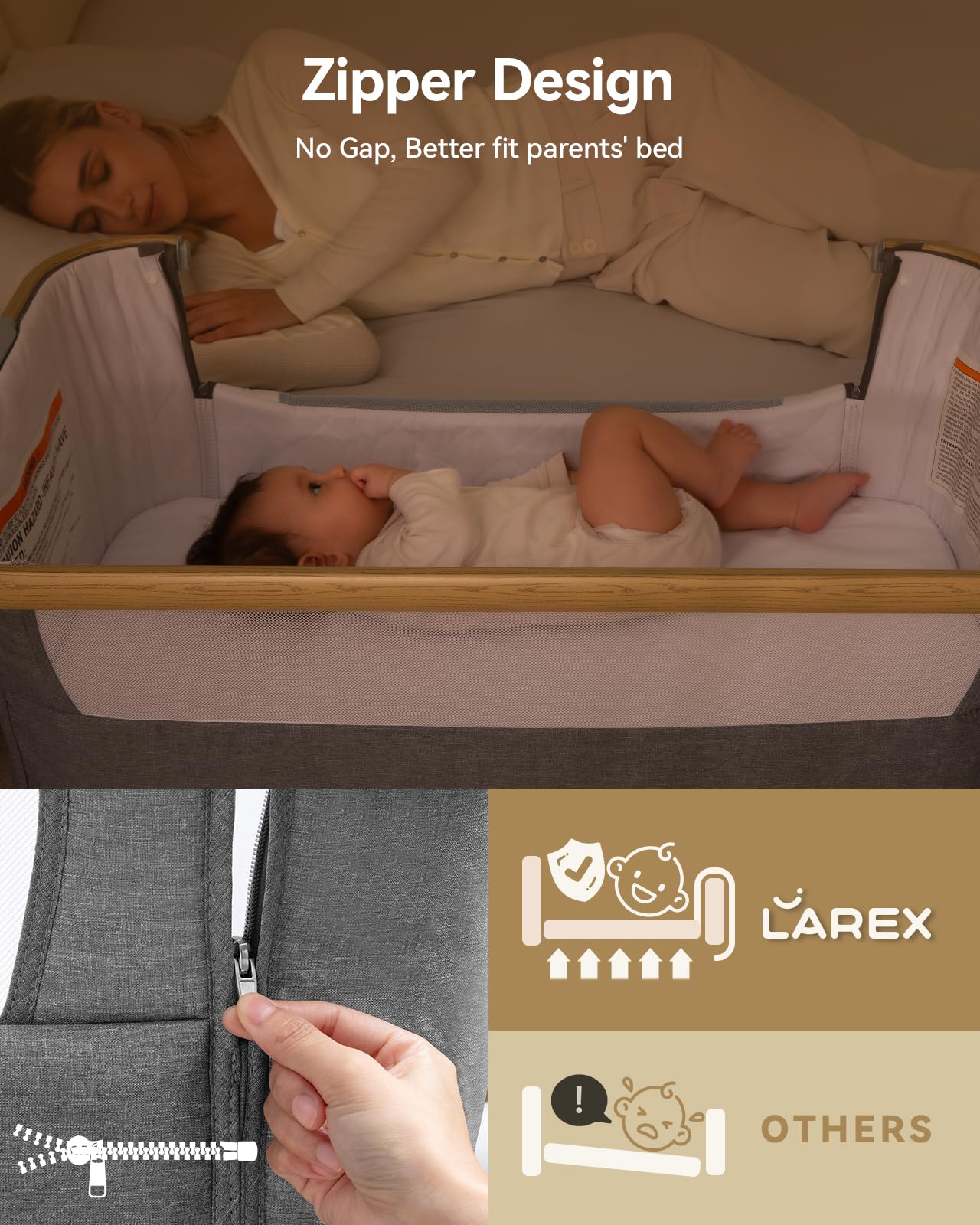 Larex bassinet includes a comfortable mattress for a cozy sleep surface.