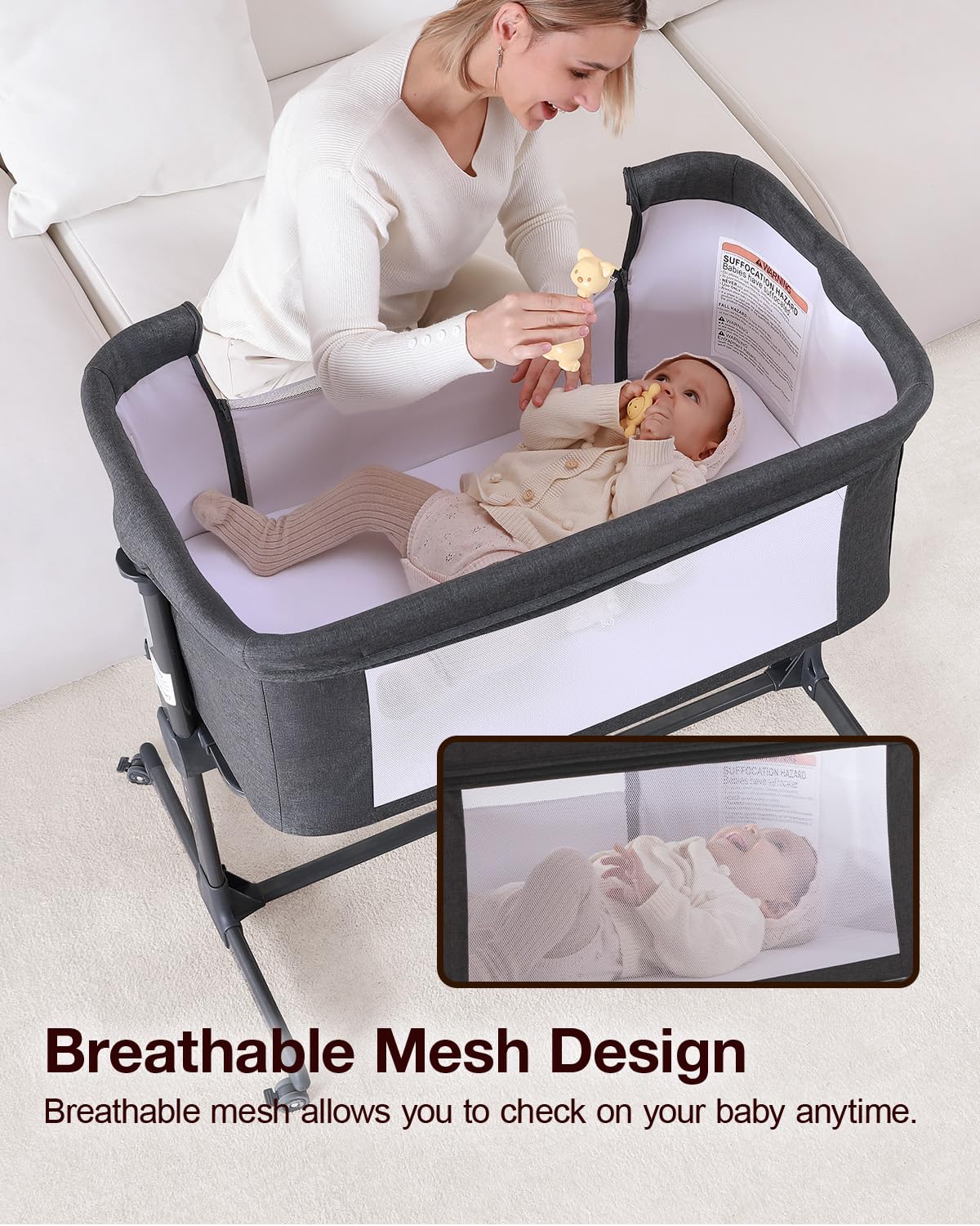 Larex bed-side bassinet with mesh walls supports airflow and supervision.