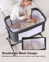Larex bed-side bassinet with mesh walls supports airflow and supervision.