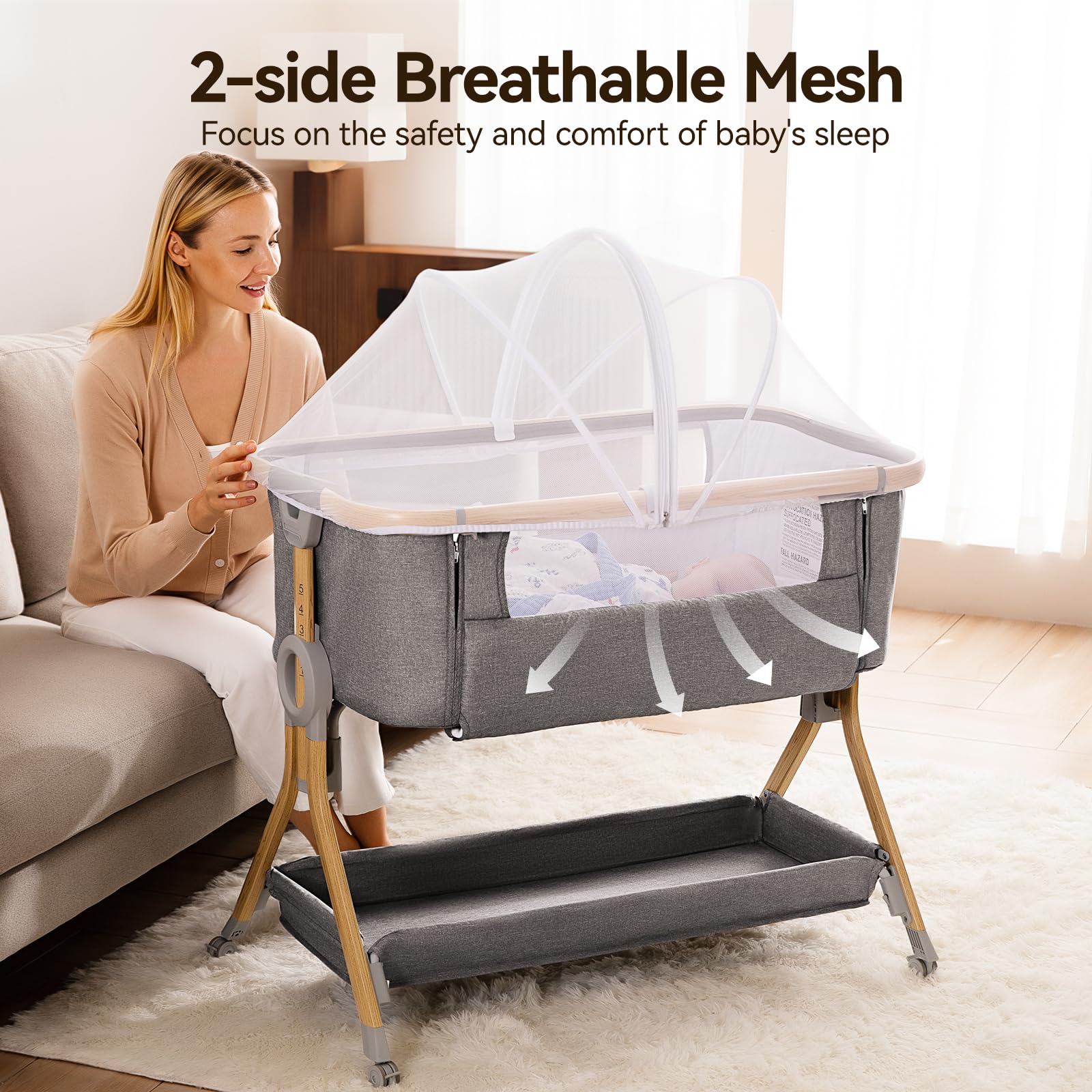 Larex bedside sleeper includes safety belt and mosquito net for calm nights.