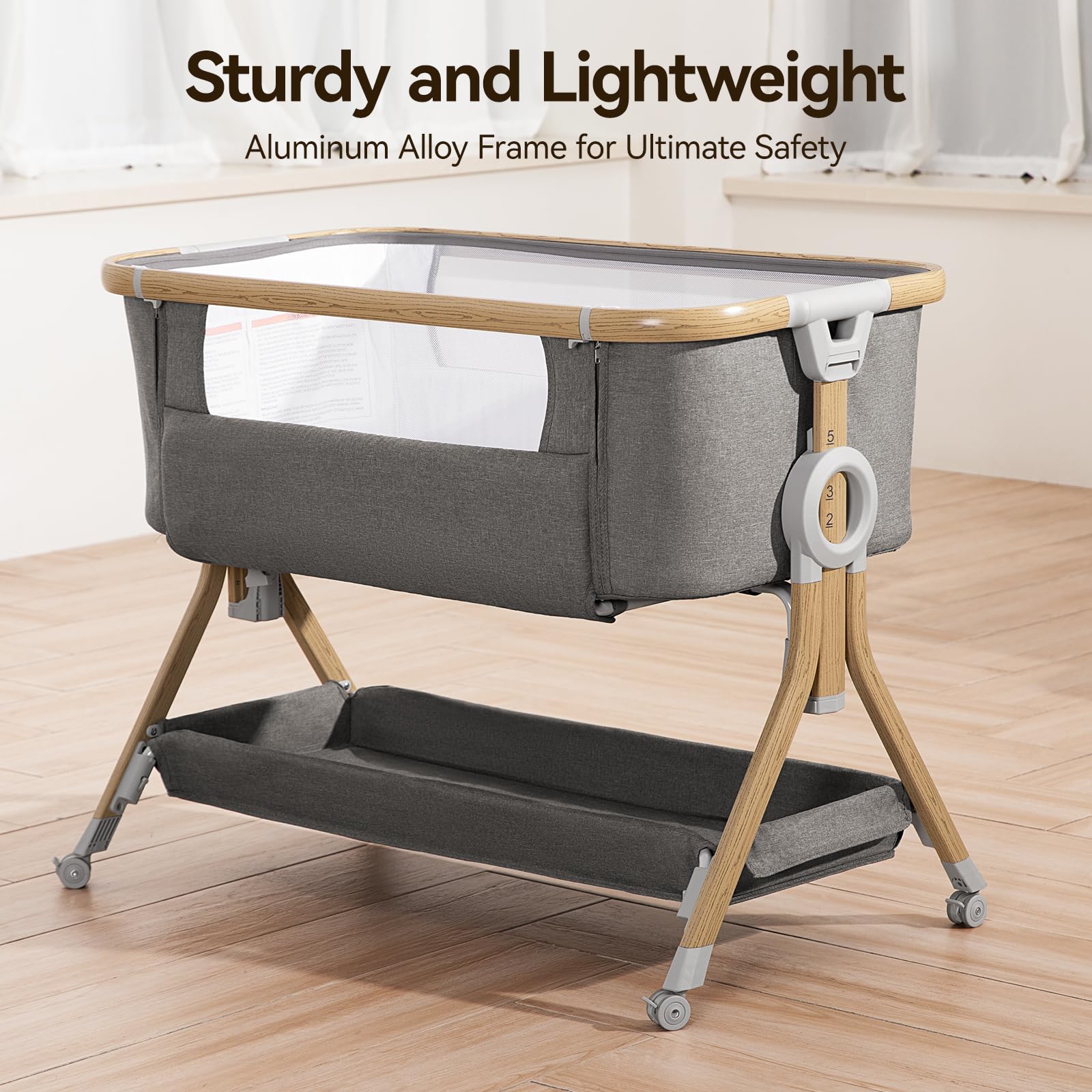 Larex bassinet with wheels and brakes enables easy repositioning around the room.